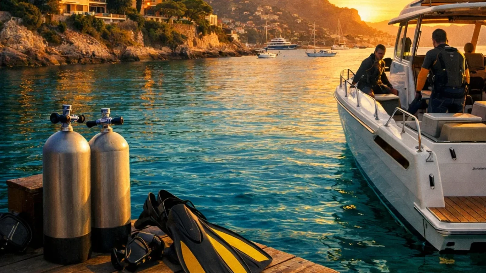 Editorial poster for Top-Rated Scuba Diving Schools on the Côte d’Azur with a French Riviera dive boat, scuba tanks and Mediterranean coastline at golden hour.