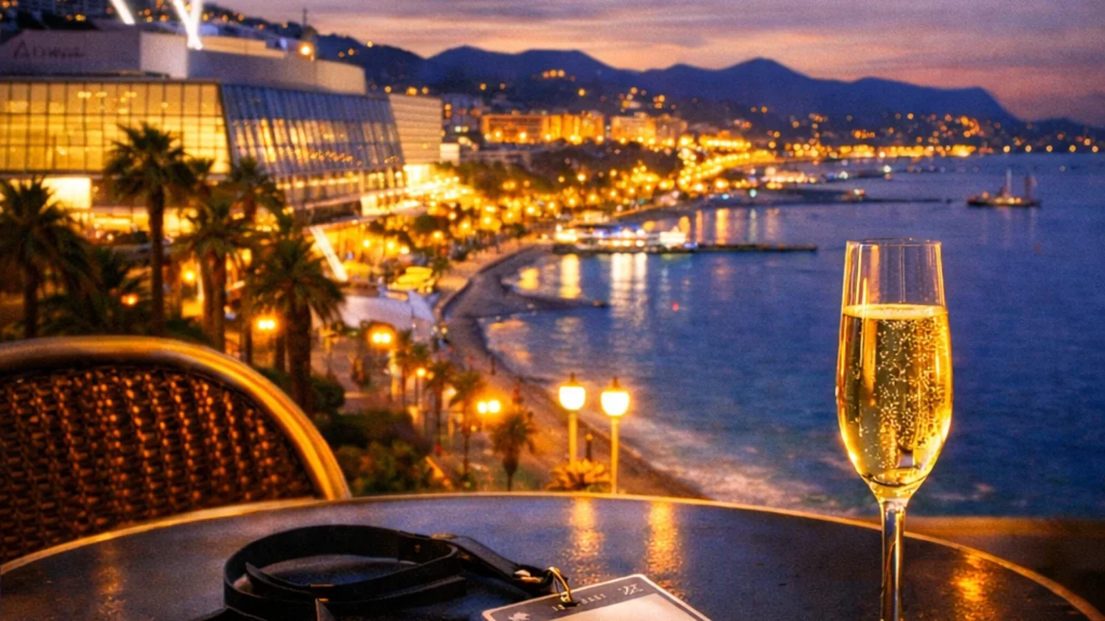 Editorial poster for Best Ways to Book Tickets for International Film Festivals on the Côte d’Azur (2026) with Cannes waterfront and festival ticketing scene at dusk.
