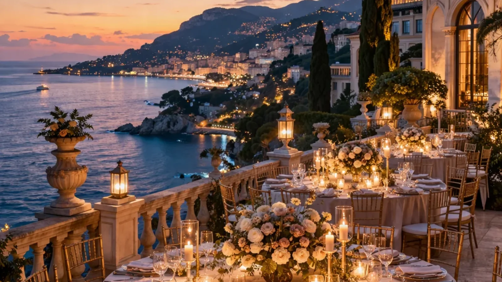 Editorial poster for Best Event Venues on the Côte d’Azur for Weddings and Corporate Events with a luxury Riviera terrace and coastline at dusk.