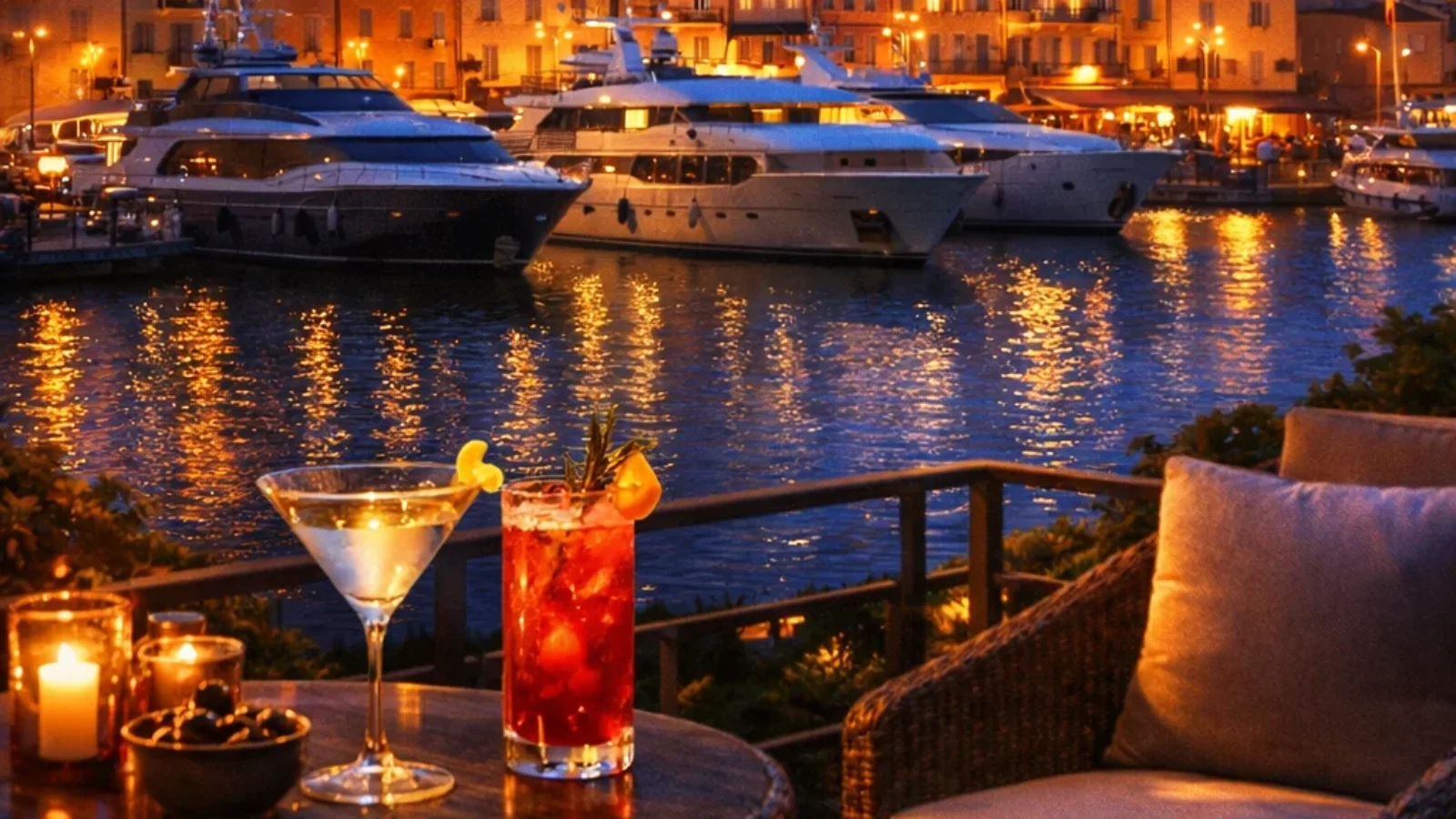 Editorial poster for Best Places to Experience Nightlife in Saint-Tropez (2026) with Saint-Tropez harbor, yachts, and evening cocktails at dusk.