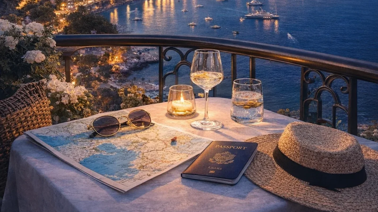 Editorial poster for Top 10 Travel Agencies in the Côte d’Azur with a French Riviera coastline terrace at blue hour.