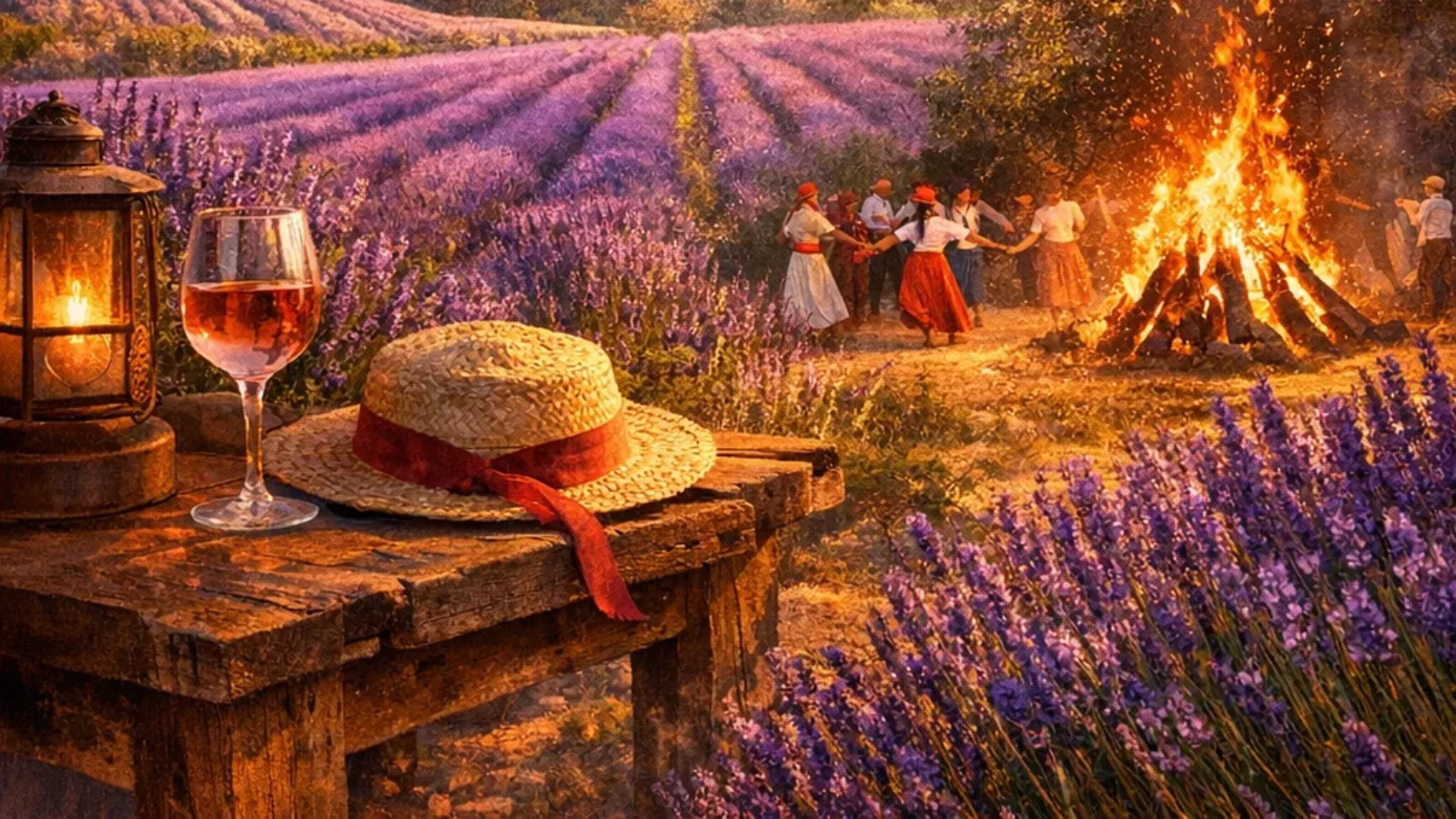 Editorial poster for Key Cultural Festivals in Provence (2026) with lavender fields, a hilltop Provençal village, and festival lights at dusk.