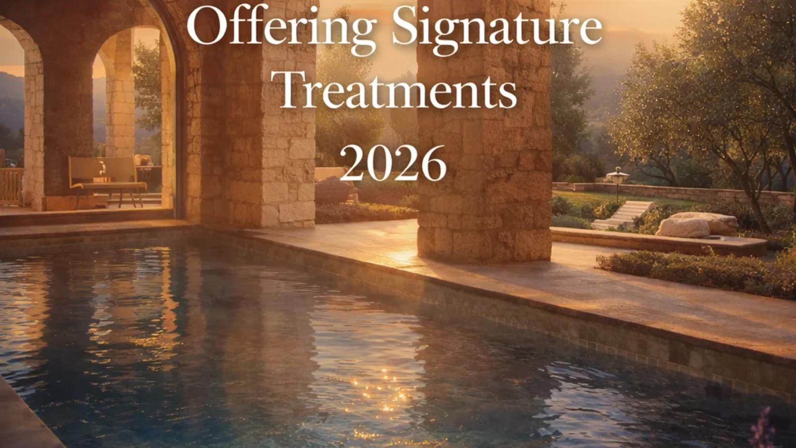 Editorial poster for Best Provence Spas Offering Signature Treatments 2026 with a serene Provence thermal pool, warm stone arches, olive trees, lavender, and dusk light.