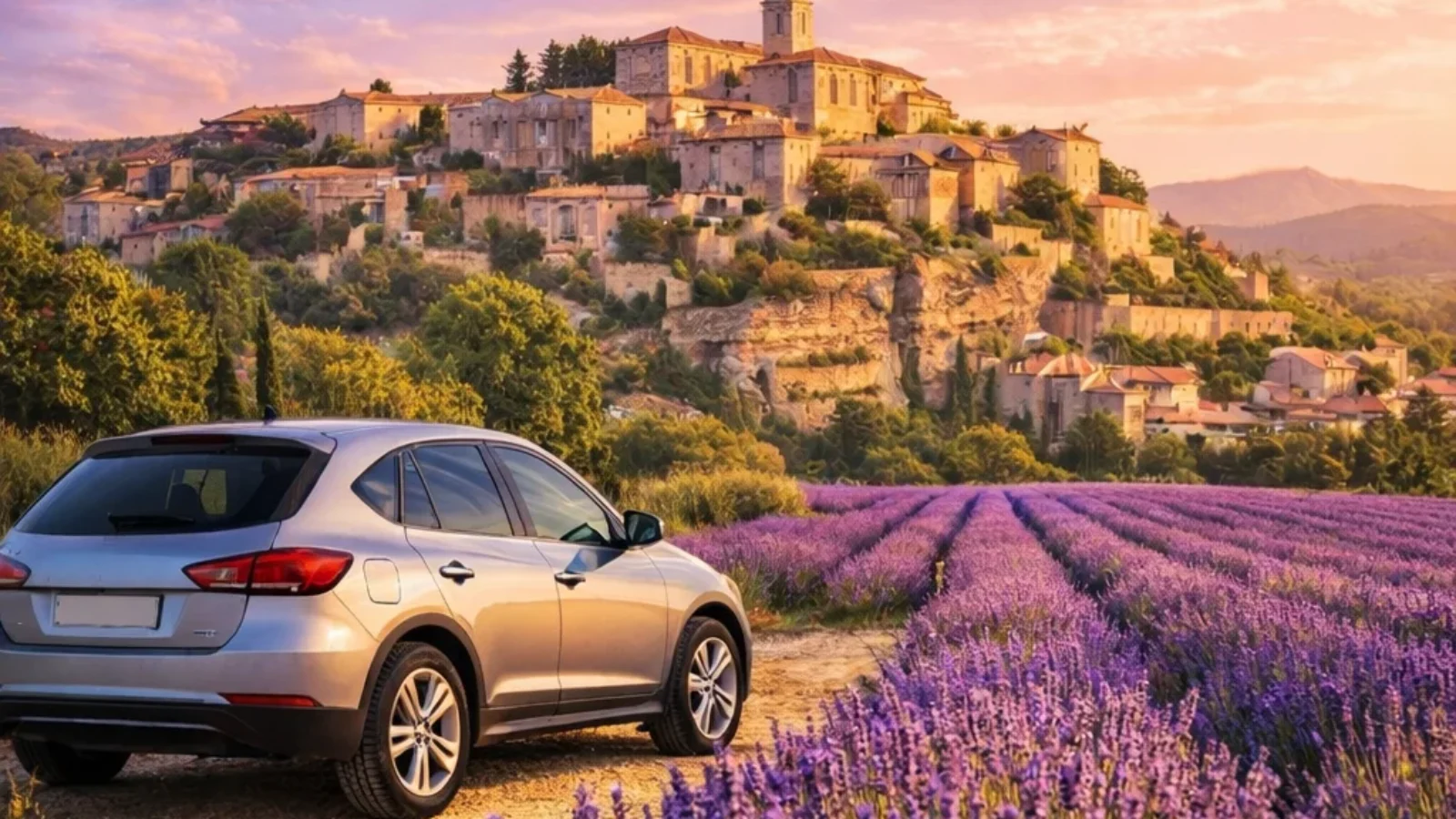 Editorial poster for Best Provence Car Rental Companies and Comparison Options (2026) with a Provence hill village, lavender fields, and a rental car at sunset.