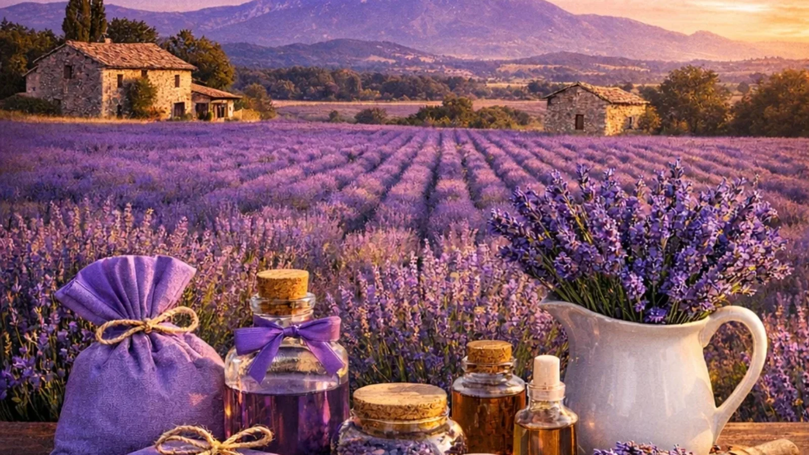 Editorial poster for Best Places to Buy Authentic Provence Lavender Products, Including Online (2026) with lavender fields and Provence product still life at sunset.