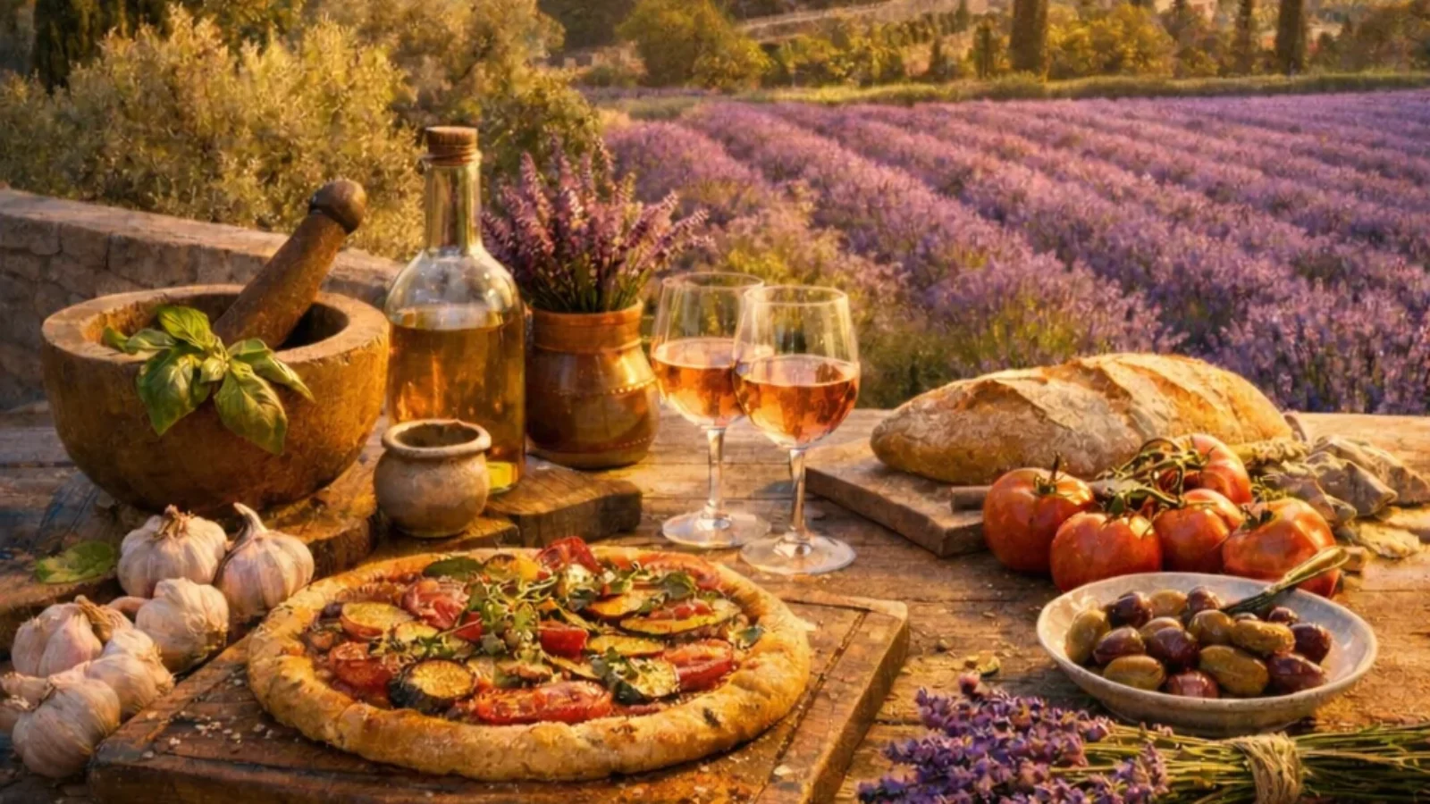 Editorial poster for Best Provence Cooking Classes for Tourists (2026) with a Provençal hilltop village, lavender fields, and rustic cooking scene at golden hour.