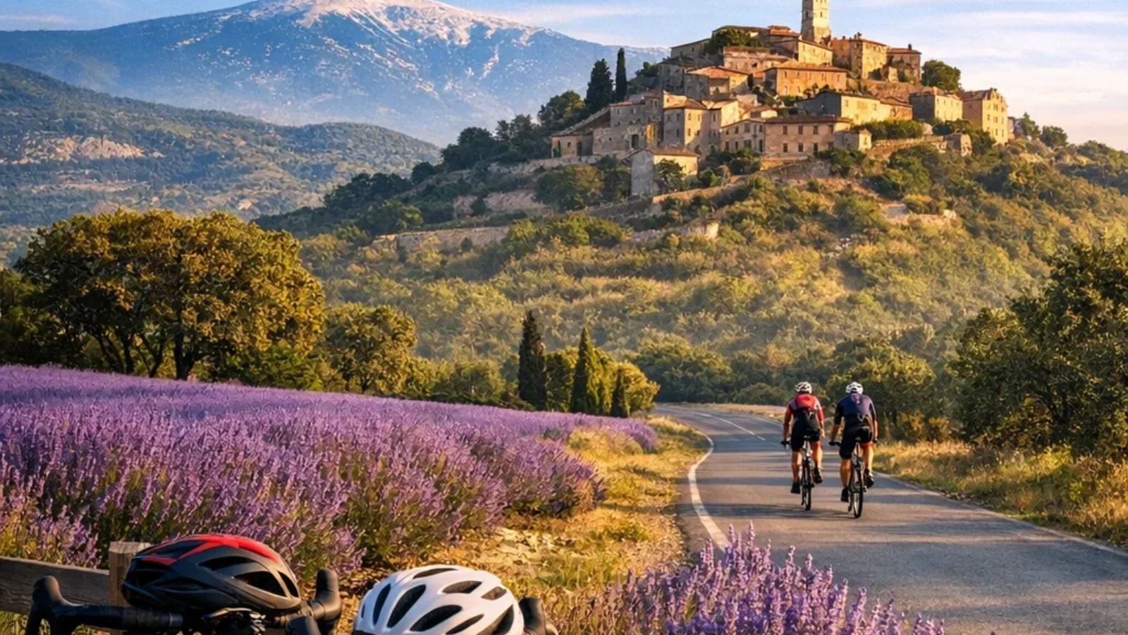Editorial poster for Top Rated Guided Cycling Routes and Rental Services in Provence (2026) with a winding Luberon road, perched village, and premium cycling scene at golden hour