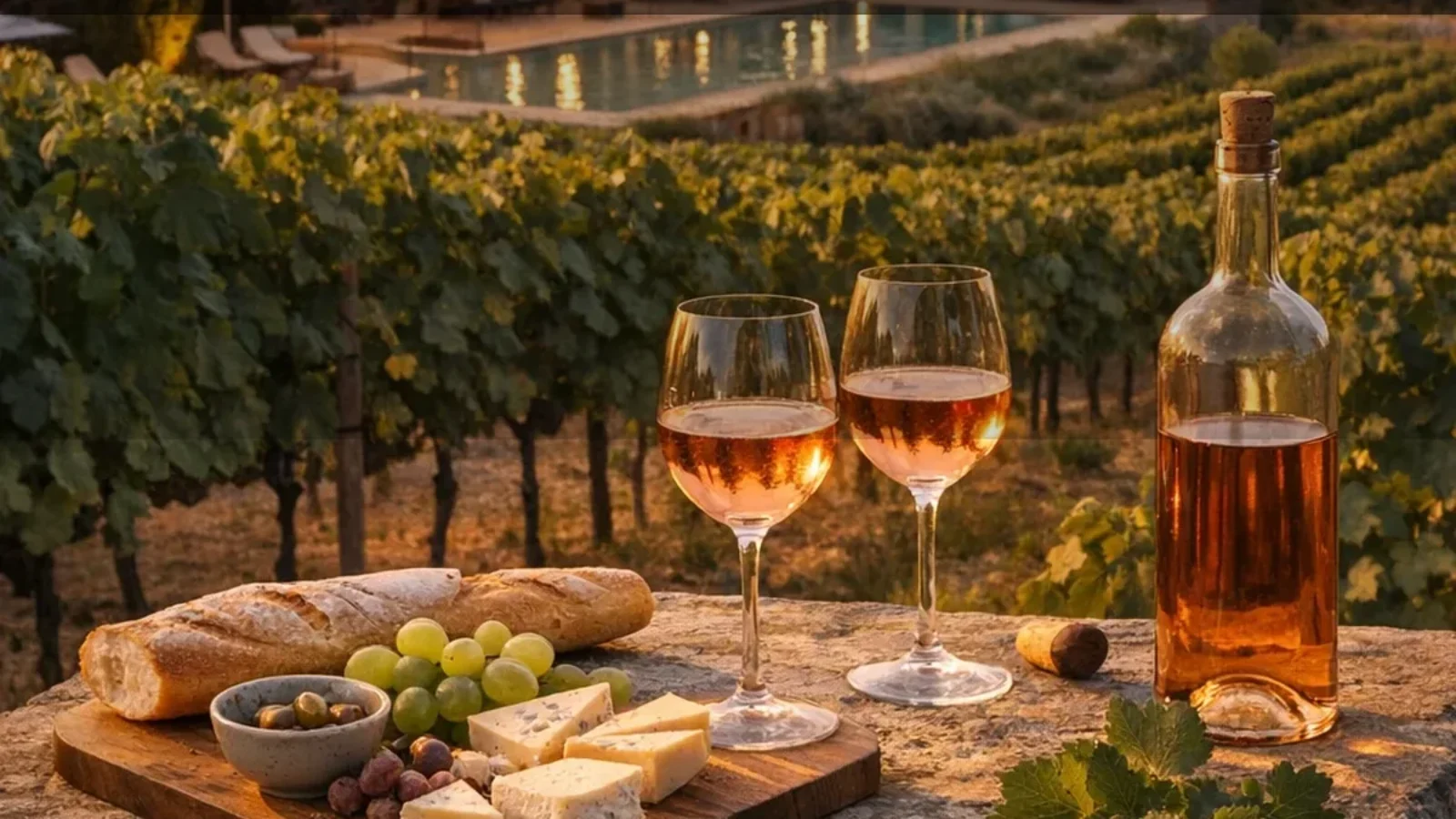 Editorial poster for Best Vineyard Accommodation in Provence with Tasting Packages (2026) with a Provençal wine-estate terrace, vineyard rows and sunset tasting scene.