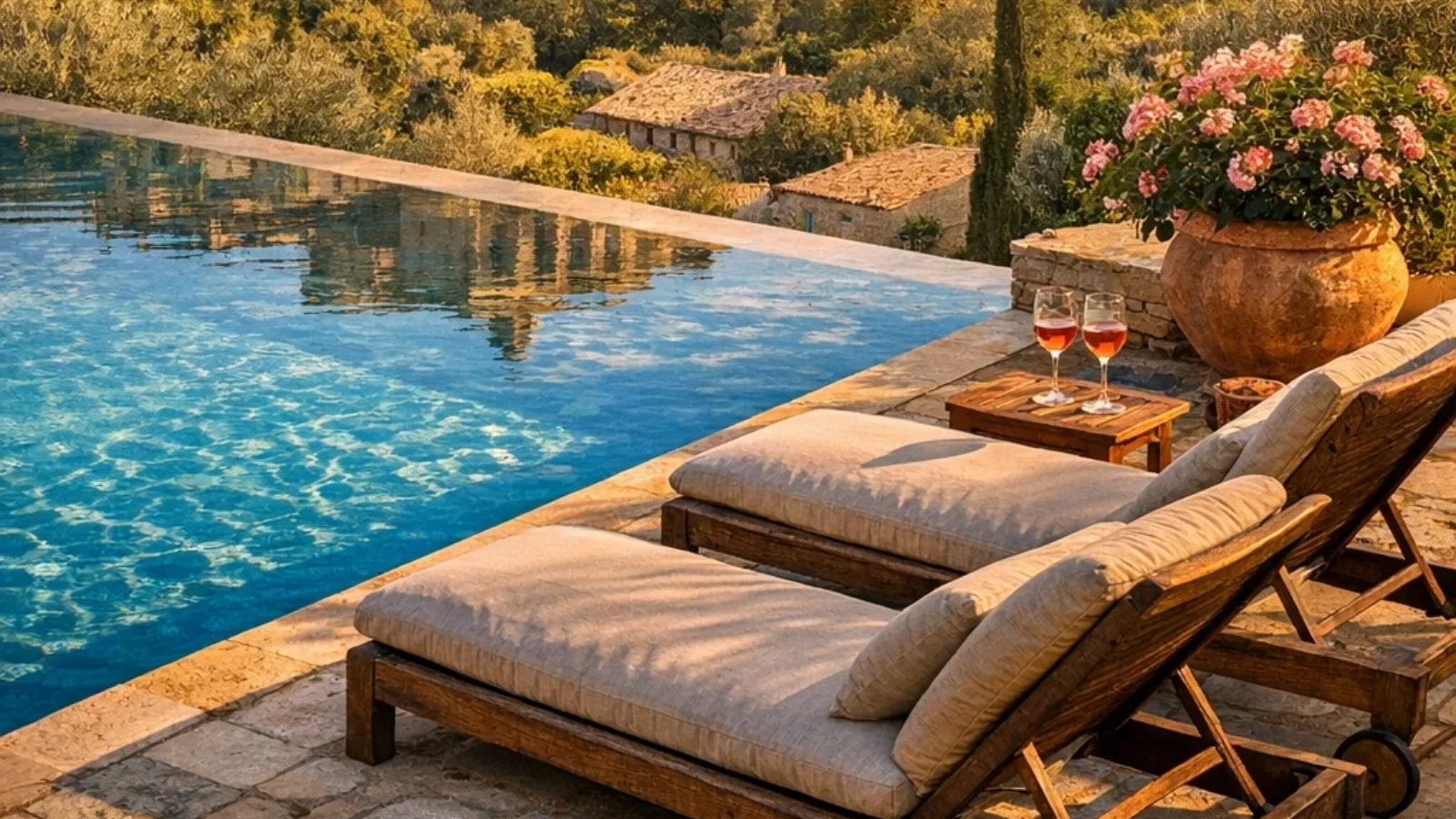 TopRatedPlaces.ai cover for Best Boutique Hotels with Scenic Views near Gordes (2026), showing a hilltop Gordes panorama above a boutique hotel pool terrace
