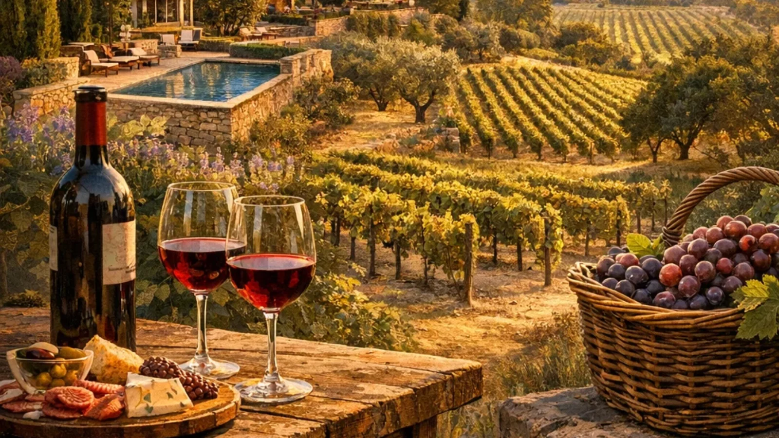 Best Vineyard Accommodation in Provence with Tasting Packages (2026) cover showing a Provençal vineyard estate, tasting table, and hillside vines at sunset