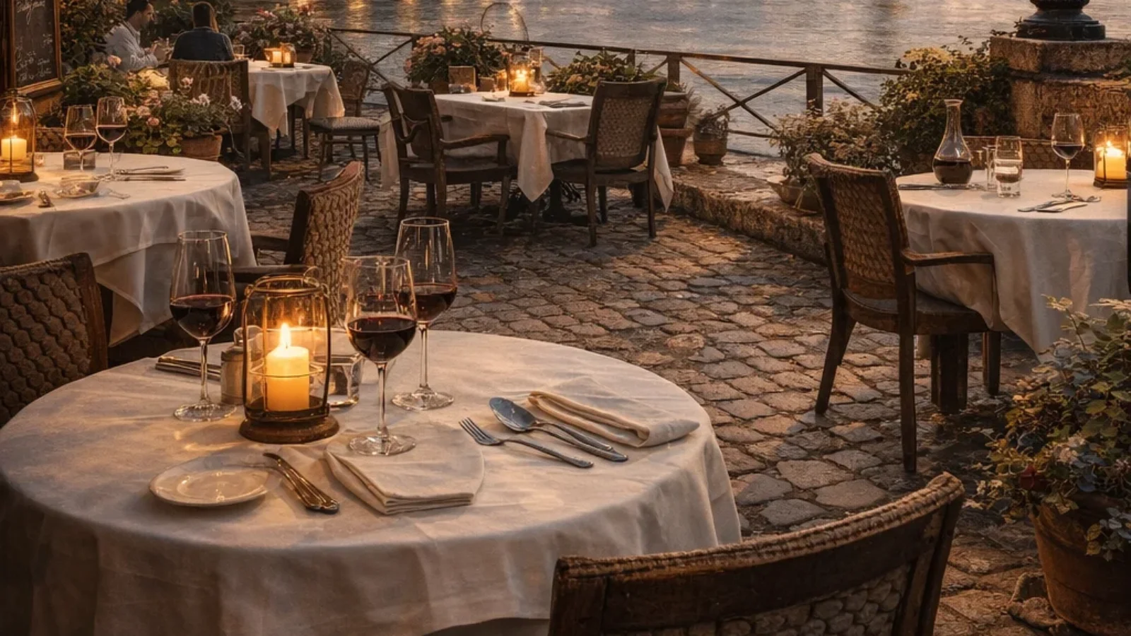 Best Places to Eat in Bordeaux (2026) guide cover showing elegant riverside dining in Bordeaux at dusk