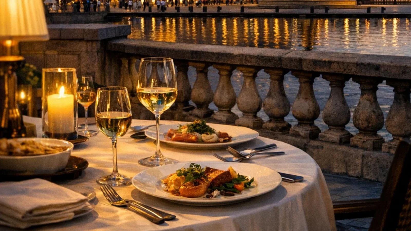 Best Special Occasion Restaurants in Bordeaux guide cover showing an elegant Bordeaux fine-dining table near Place de la Bourse at dusk