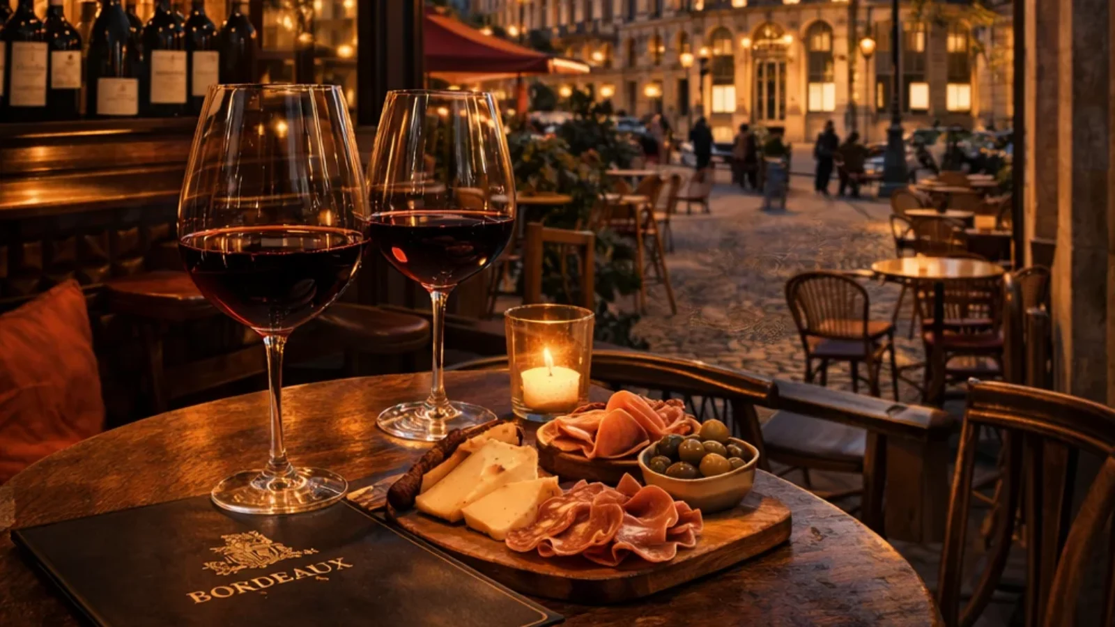 Best Authentic Bordeaux Wine Bars guide cover for Bordeaux, France with an elegant dusk wine-bar street scene