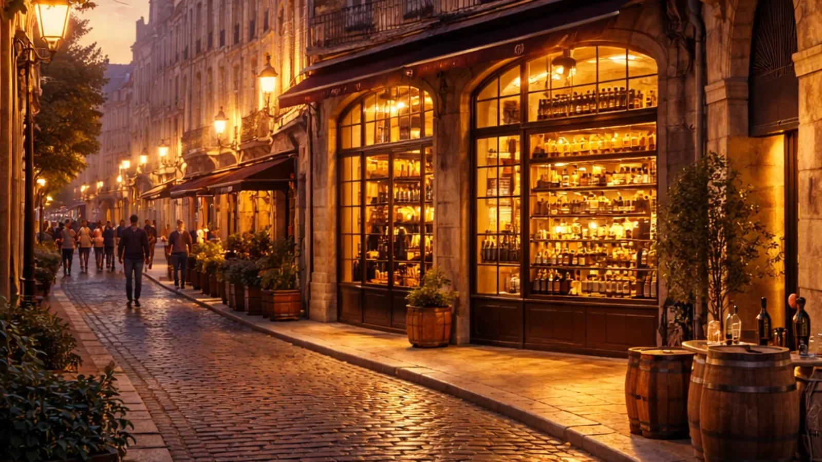 Best Places to Buy Bordeaux Wine in Bordeaux (2026) cover showing a Bordeaux limestone streetscape and refined wine-shop window at dusk