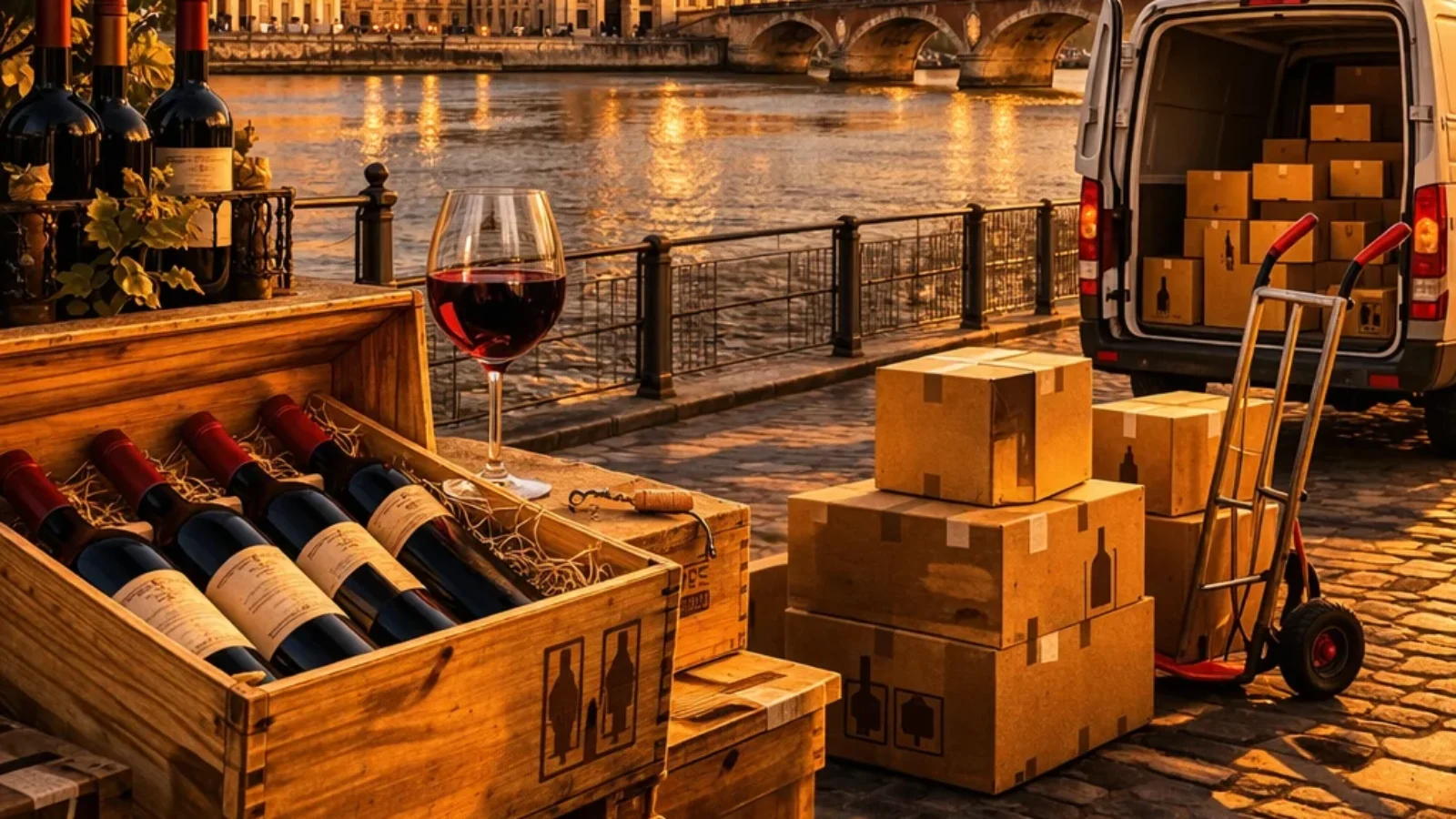 Top Bordeaux Wine Delivery Services and Online Retailers Shipping Within France (2026) guide cover showing a Bordeaux riverfront sunset scene with wine crates and delivery boxes in Bordeaux, France