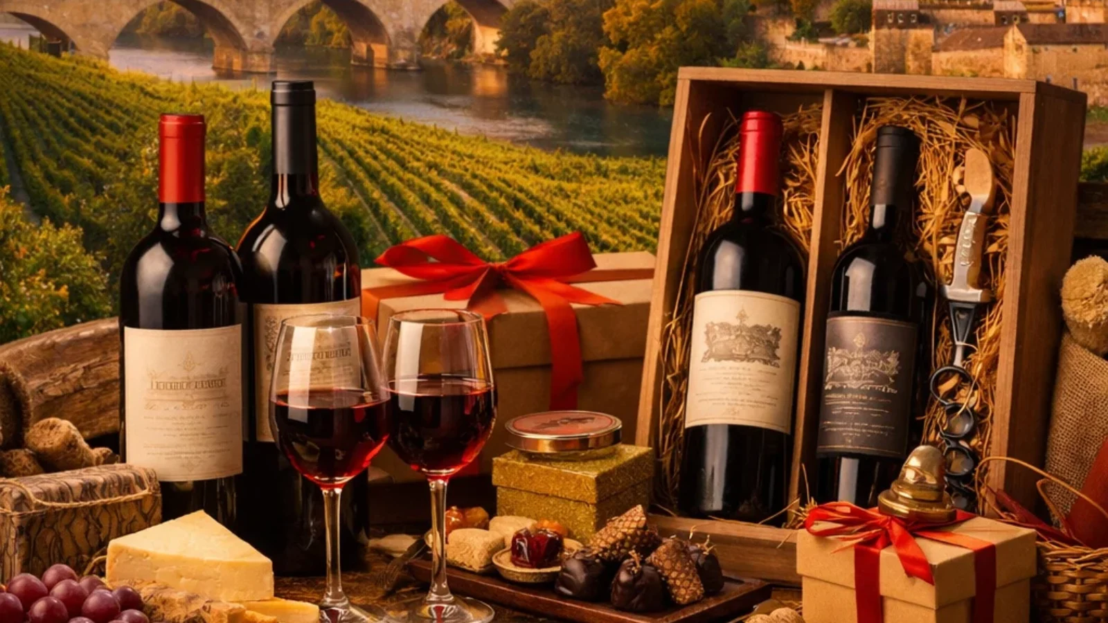 Best Bordeaux Wine Gift Sets for Special Occasions (2026) guide cover featuring Bordeaux wine gift boxes, bottles, and a vineyard setting in Saint-Émilion