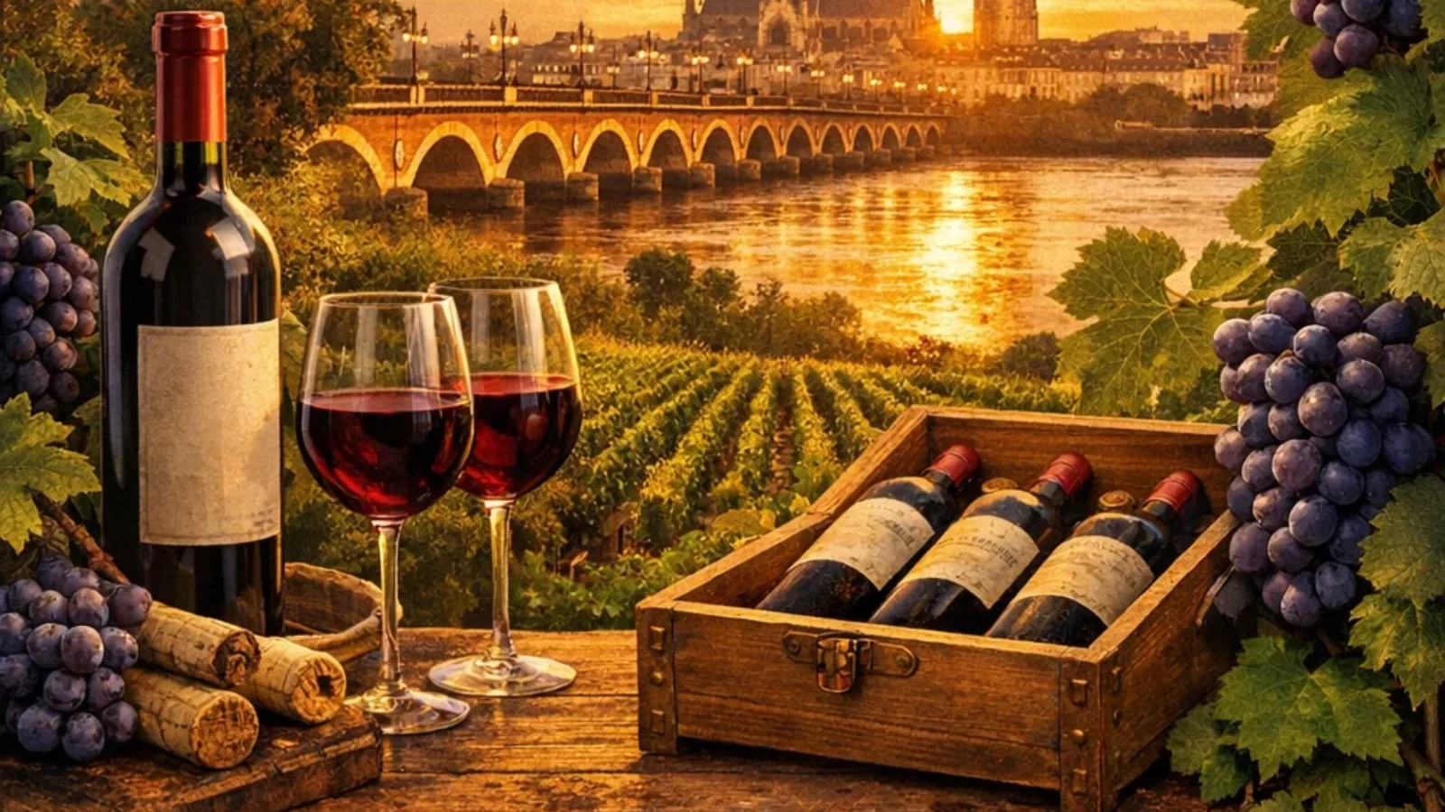 Best Bordeaux Wine Investment Advice Companies 2026 editorial poster cover showing Bordeaux vineyard, Pont de Pierre, and wine bottles at sunset