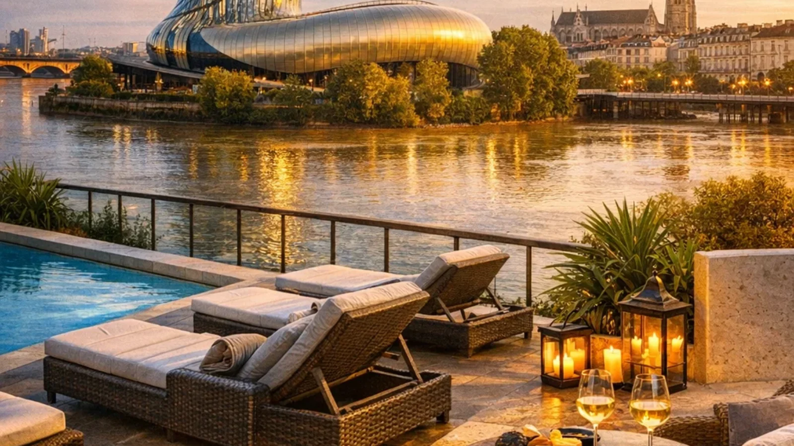 Editorial cover for Best Hotels in Bordeaux Near the Cité du Vin (2026), showing Bordeaux’s Cité du Vin and riverfront at golden hour
