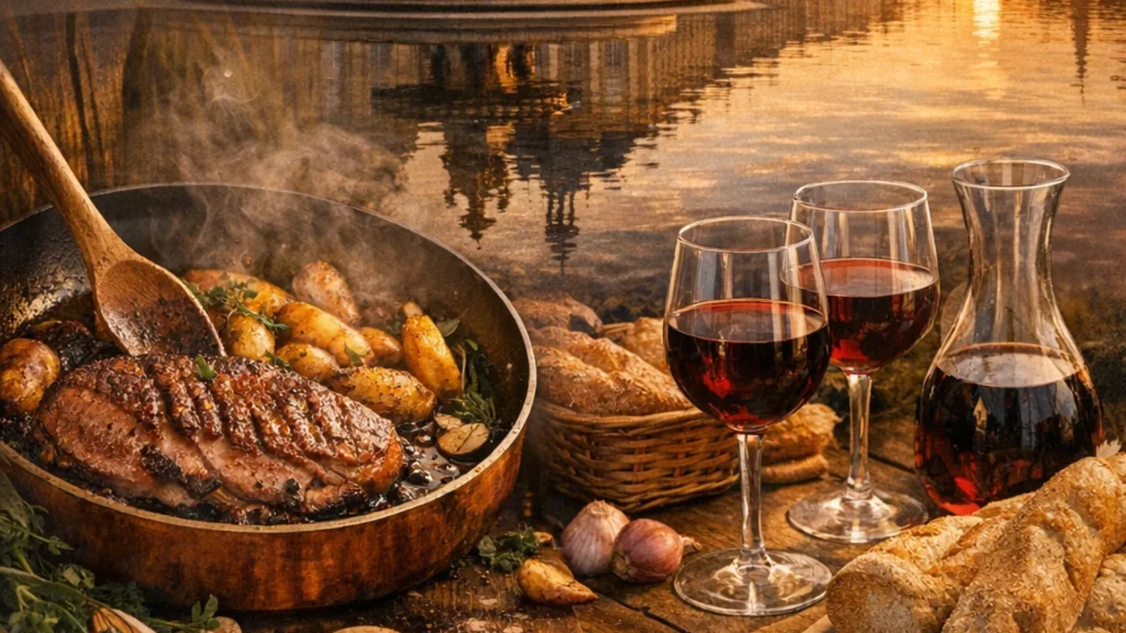 Guide cover for Best Cooking Classes Focused on Regional Bordeaux Cuisine (2026), featuring a premium Bordeaux market-and-cooking scene with wine and Place de la Bourse at sunset
