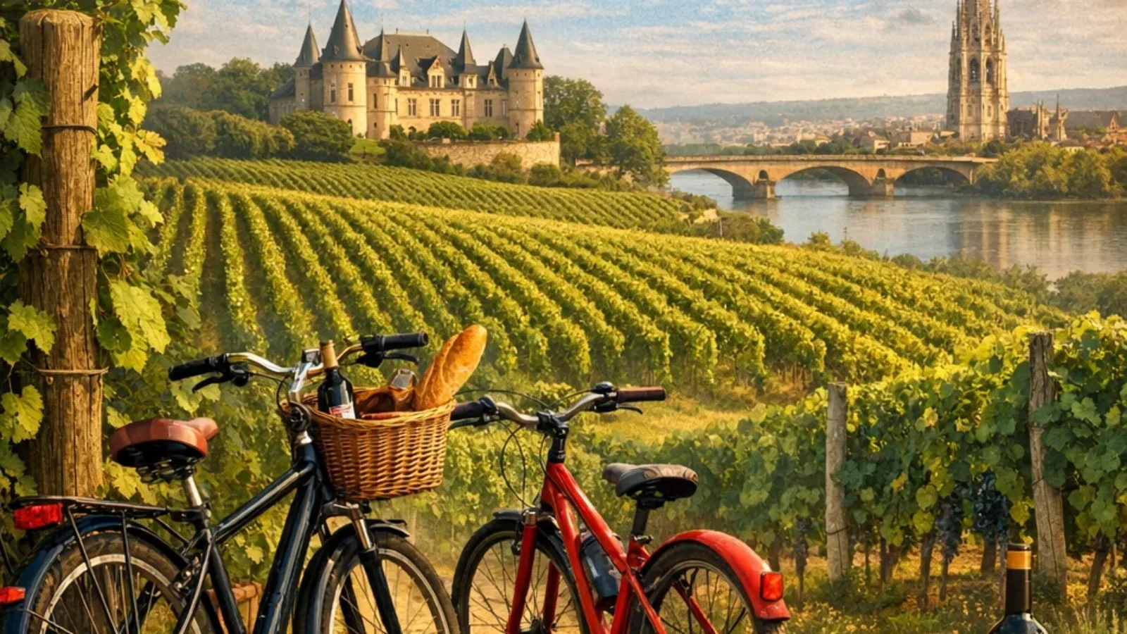Best Vineyard Tours by Bike in the Bordeaux Region (2026) guide cover showing cyclists in Bordeaux vineyards with a château and city skyline