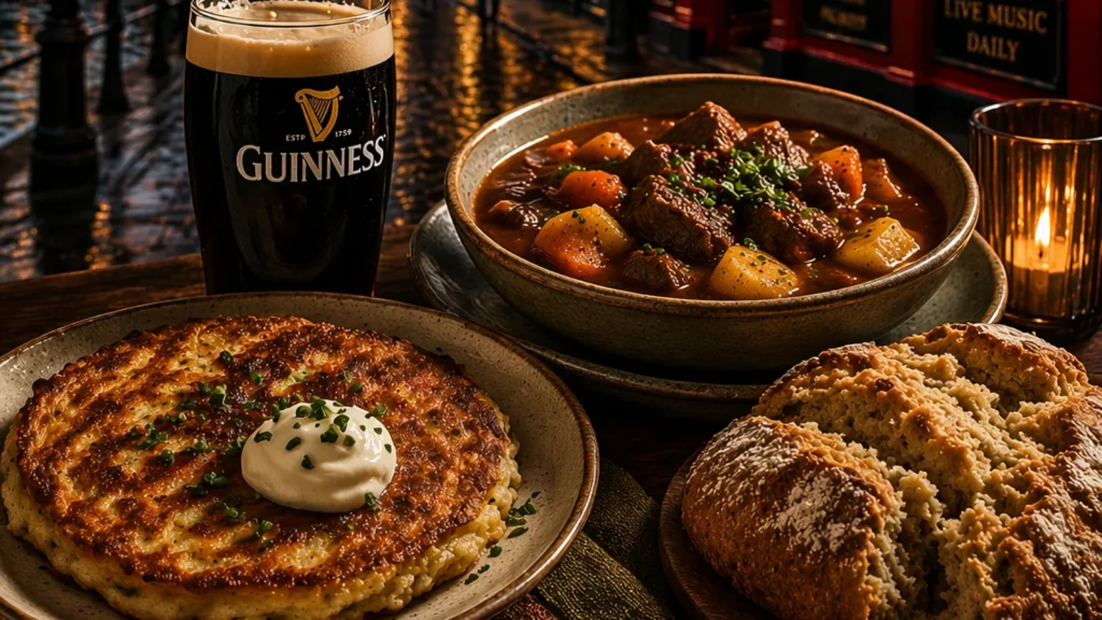 Best Places to Order Traditional Irish Food for Delivery in Dublin (2026) cover showing a Dublin evening scene with traditional Irish dishes