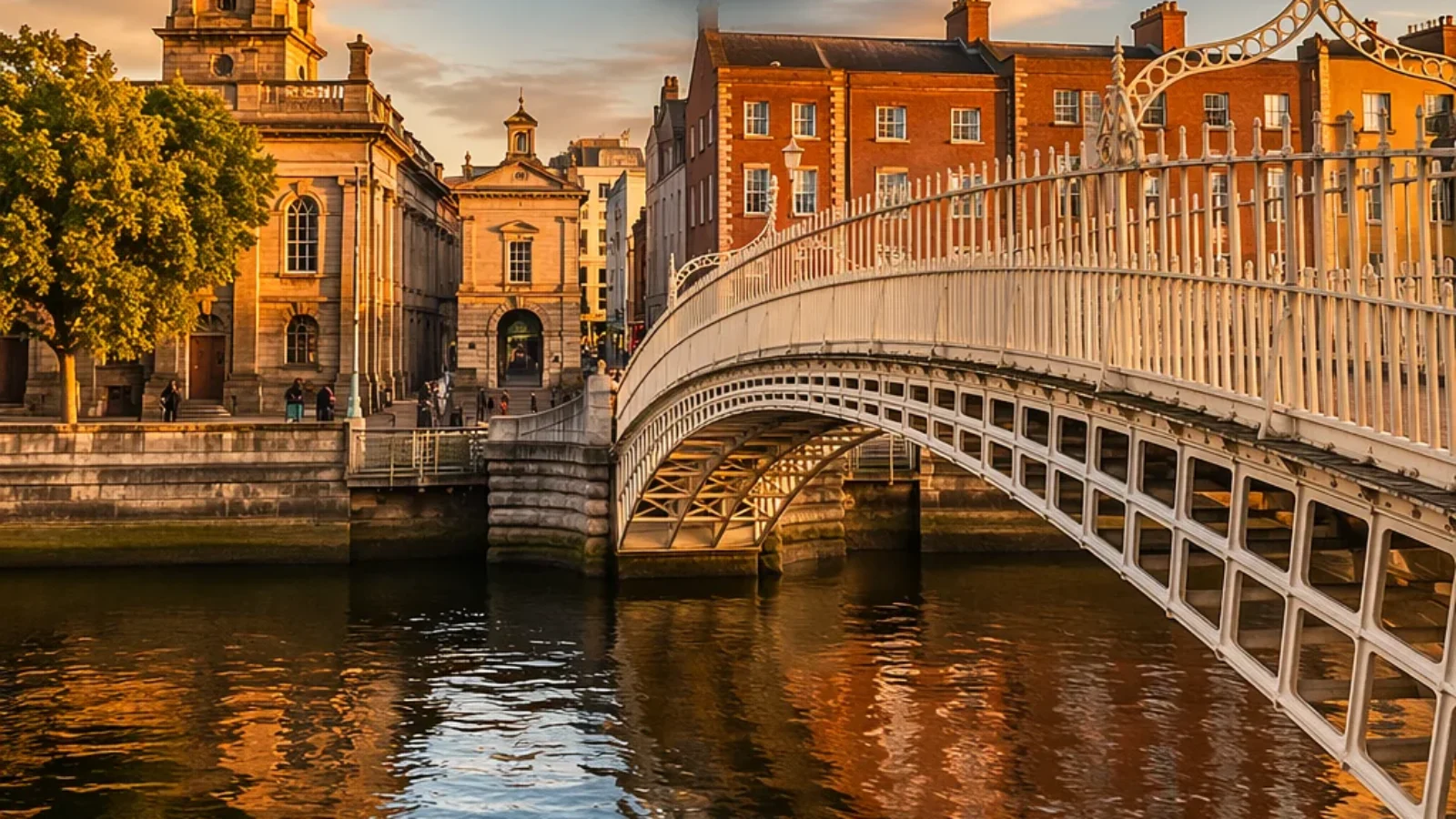 Editorial poster for Top 10 Must-See Historical Sites in Dublin (2026) showing the Ha'penny Bridge and historic Dublin riverfront architecture at golden hour.
