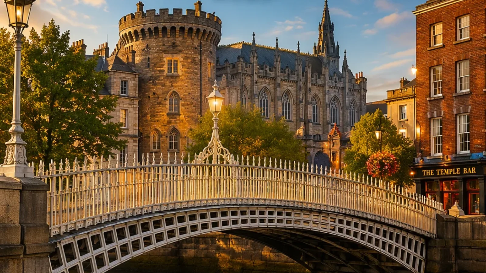 Best Guided Historical Tours of Dublin’s Landmarks (2026) cover showing Dublin’s Ha'penny Bridge and historic city architecture at golden hour.
