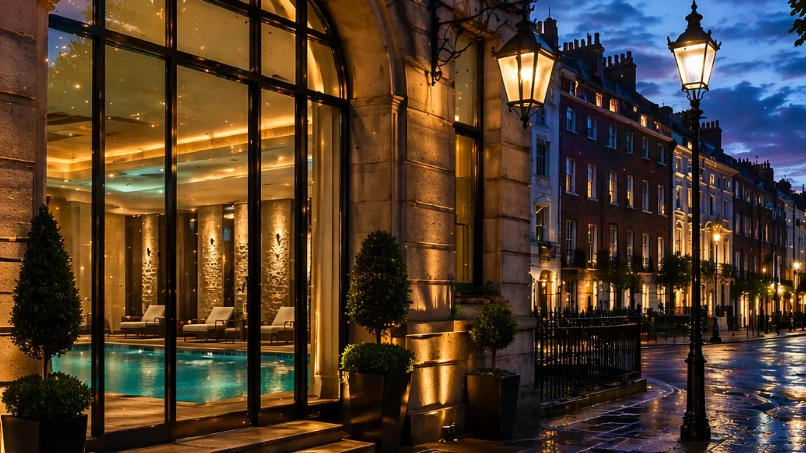 Editorial cover for Best Hotels with a Pool in Dublin City Centre (2026), showing a luxury Dublin city-centre hotel scene with visible indoor pool lighting.