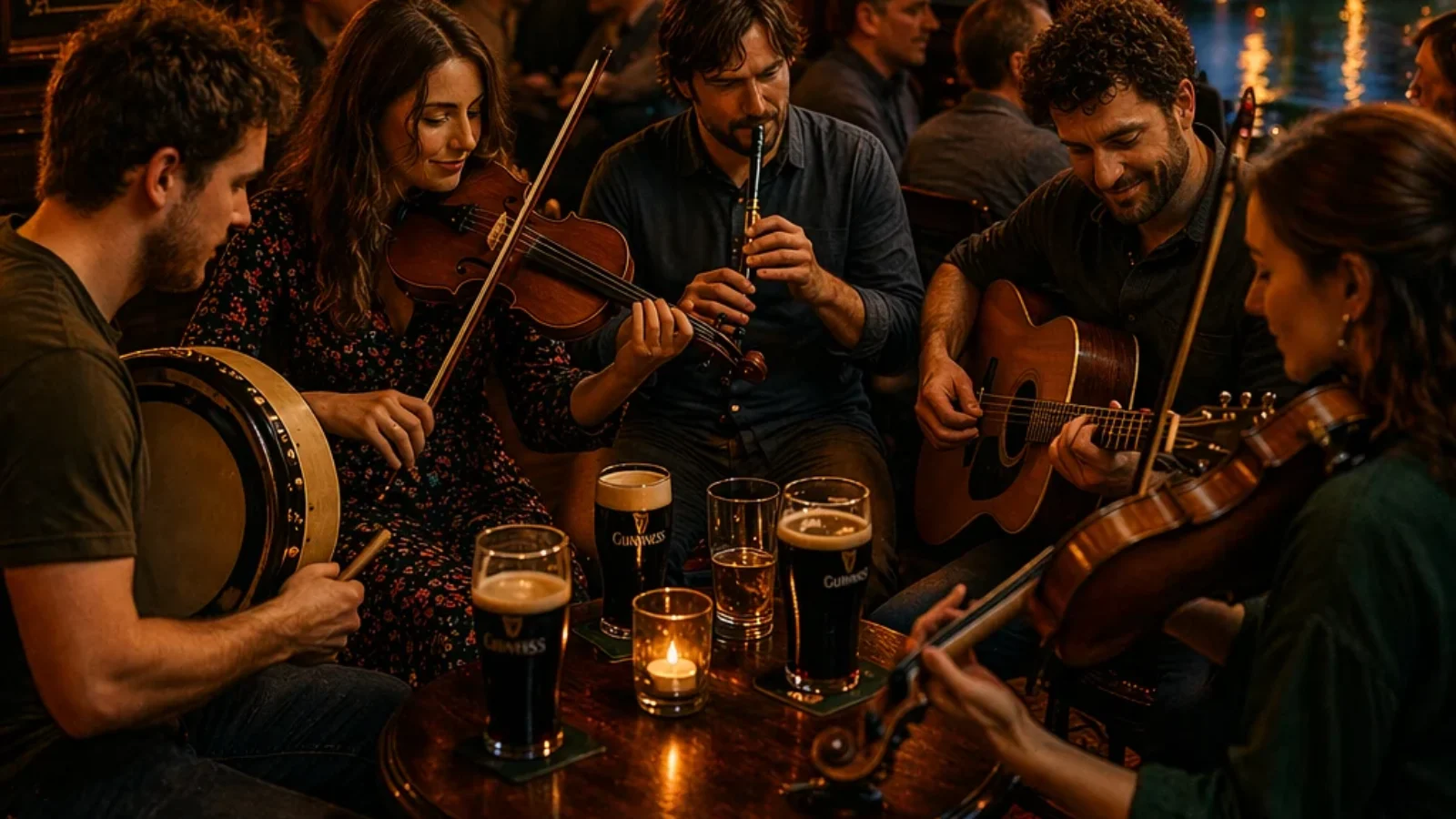Guide cover for Best Places to Experience Traditional Irish Music Live in Dublin (2026), showing musicians performing a live trad session in a warmly lit Dublin pub