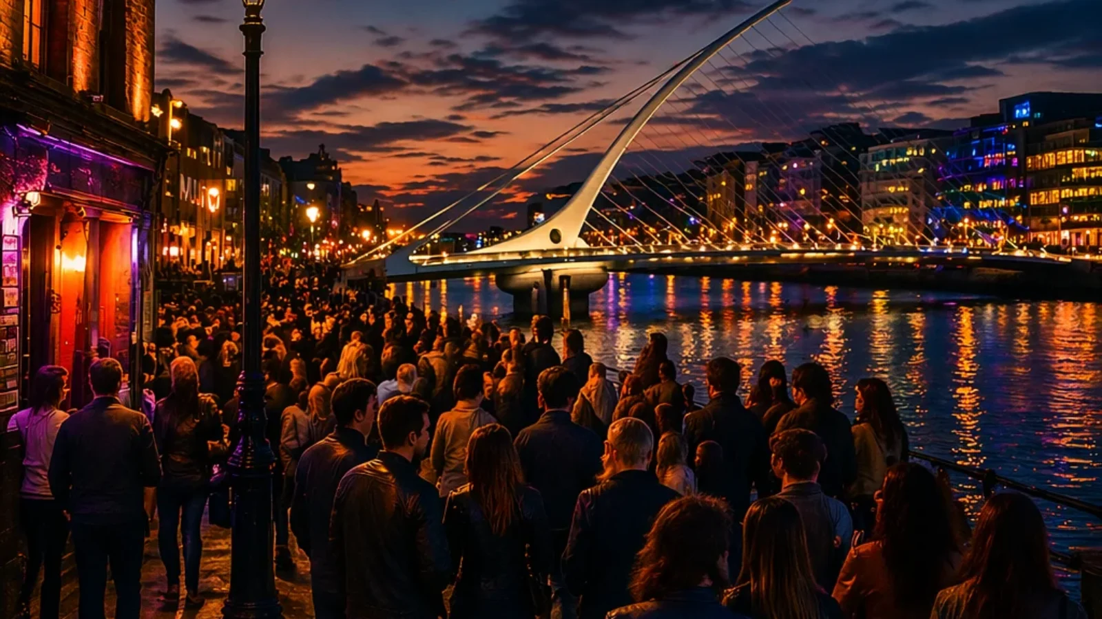 Best Ways to Buy Tickets for Live Music Events in Dublin (2026) guide cover showing a cinematic evening crowd scene by the River Liffey and Samuel Beckett Bridge in Dublin