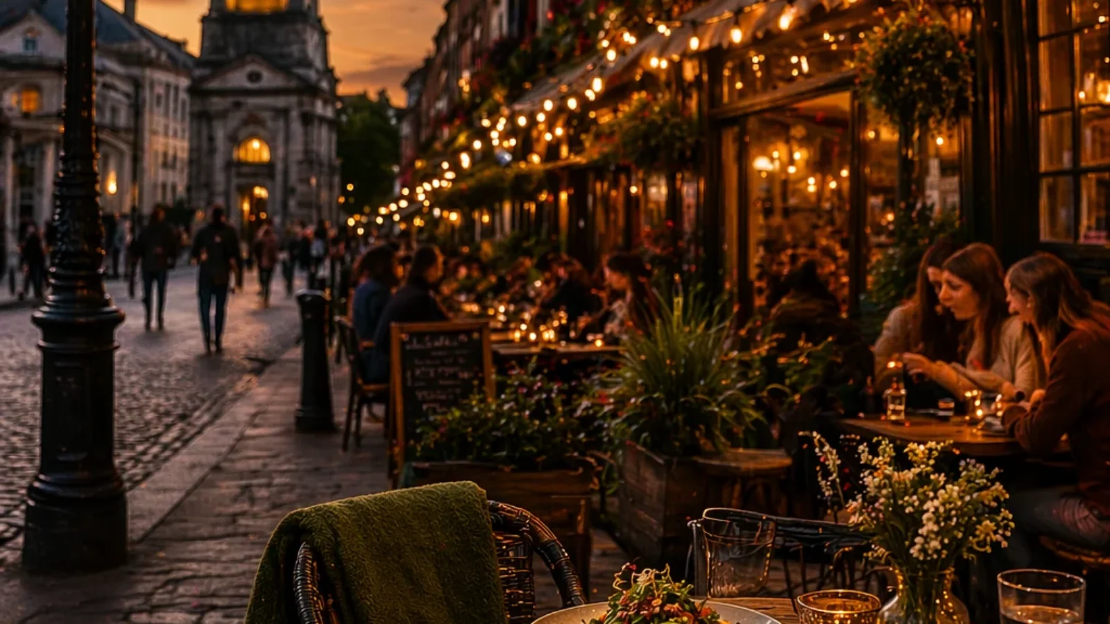 Editorial cover for Best Vegetarian-Friendly Restaurants in Dublin (2026) showing an atmospheric Dublin dining streetscape at dusk