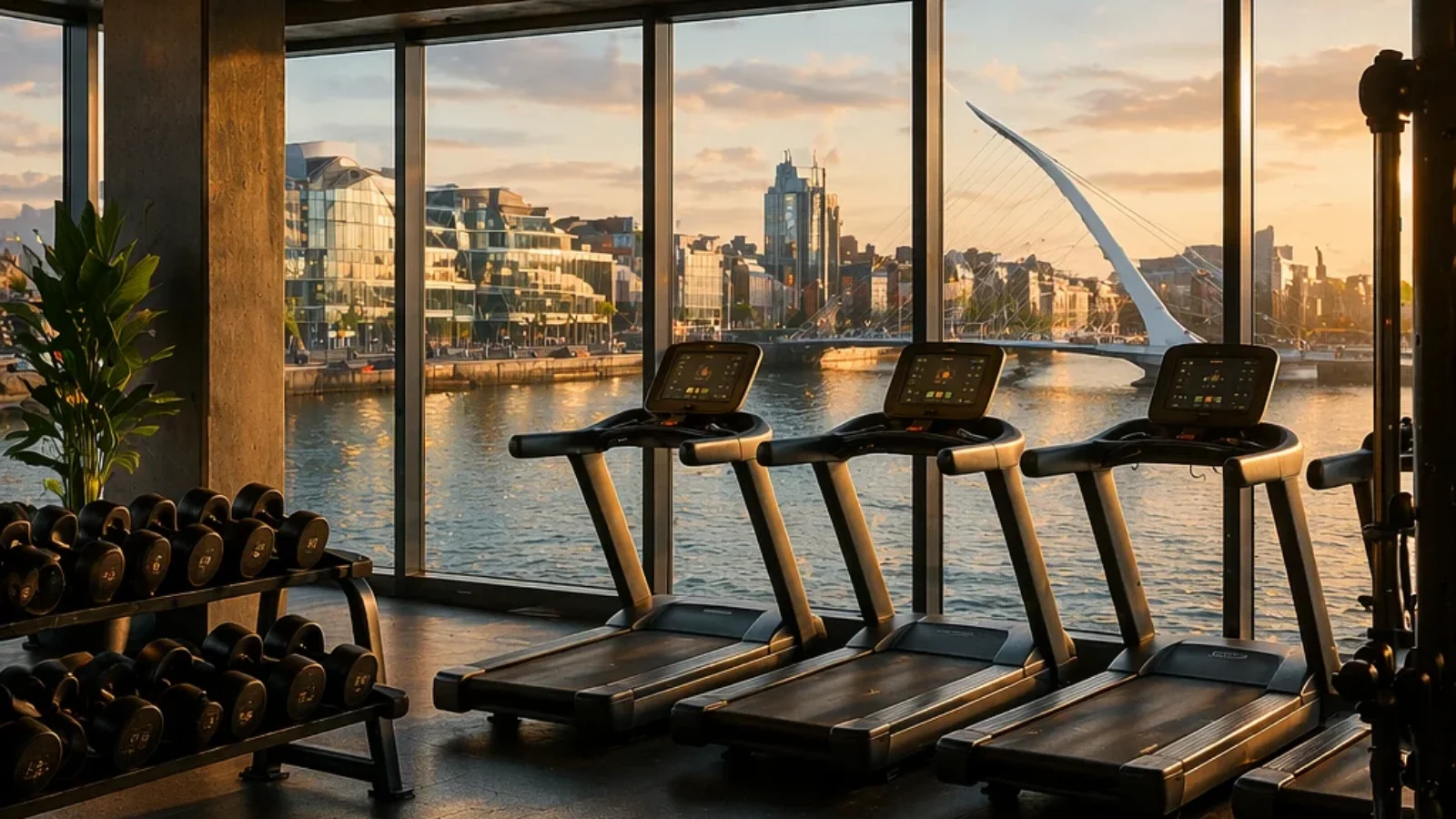 Best Gyms with Day Passes in Dublin (2026) guide cover showing a premium Dublin gym interior with River Liffey and Samuel Beckett Bridge views