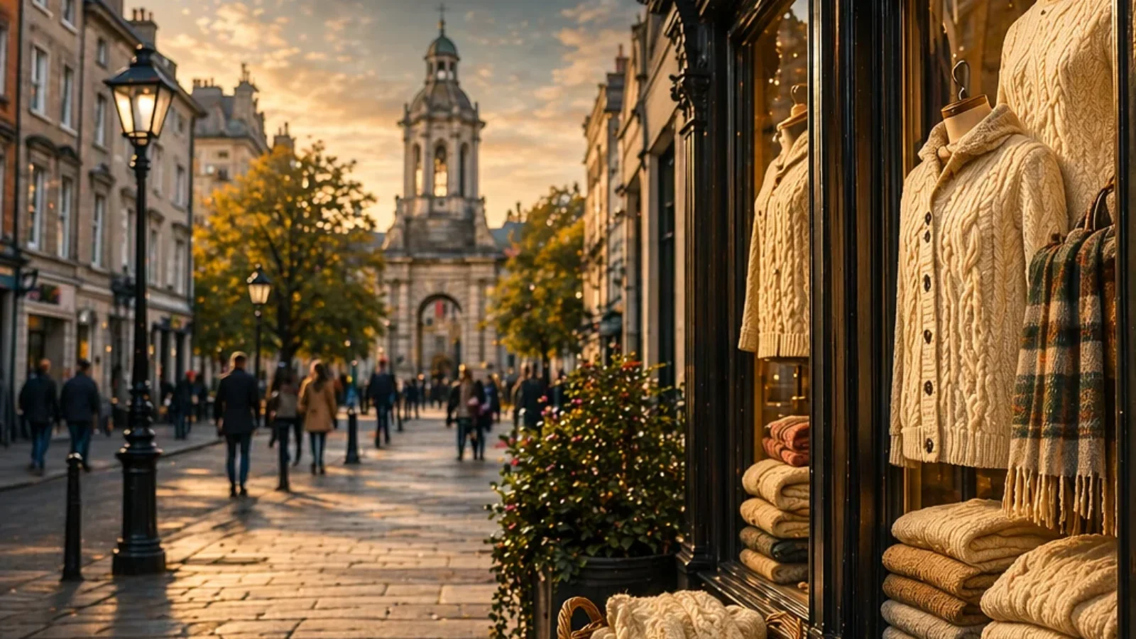 Best Stores for Irish Wool Clothing in Dublin (2026) guide cover showing a central Dublin street with boutique Irish wool knitwear display