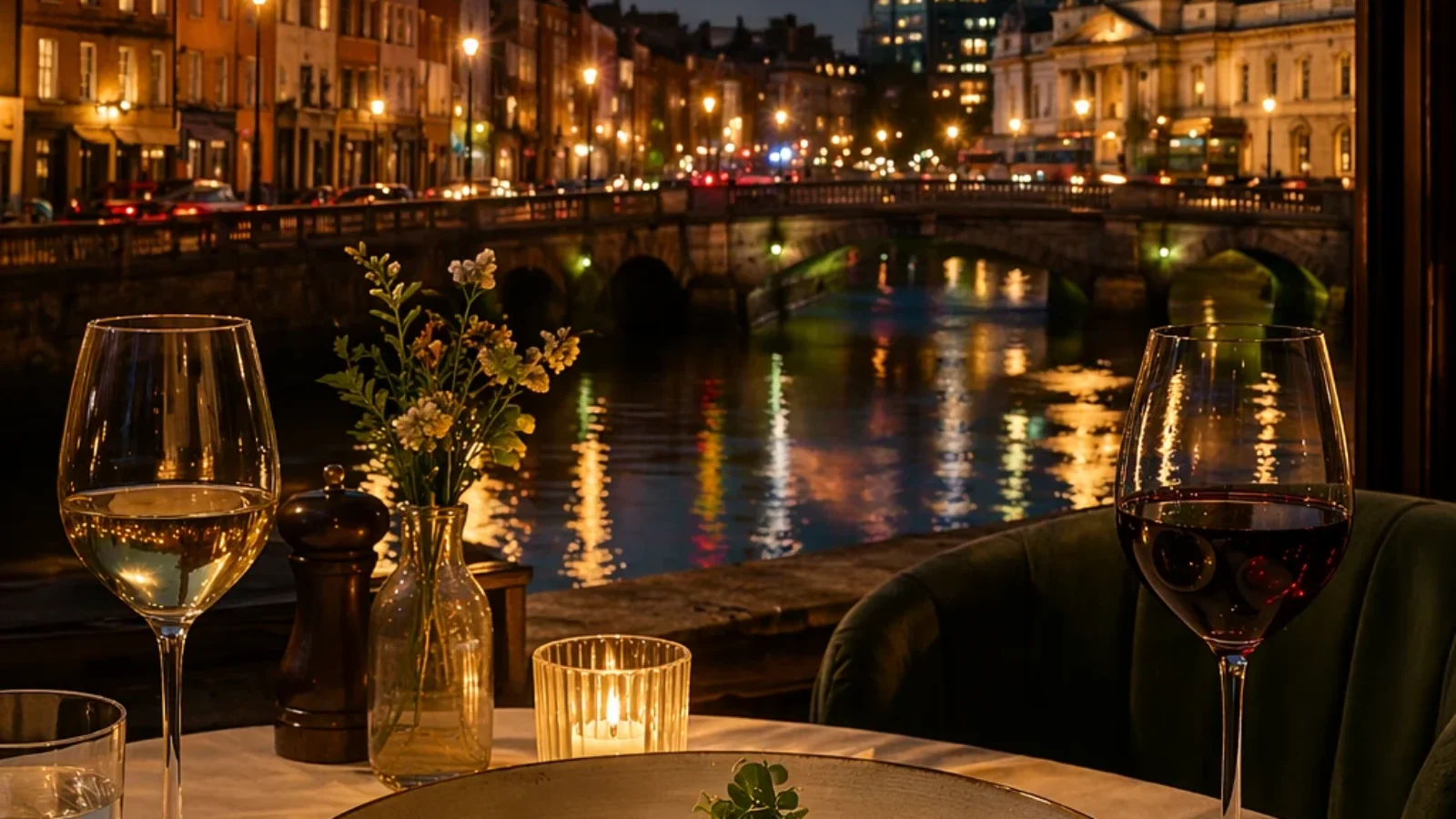 Dublin evening restaurant scene with elegant plated fine dining and city lights for the Best Restaurants in Dublin 2026 guide cover
