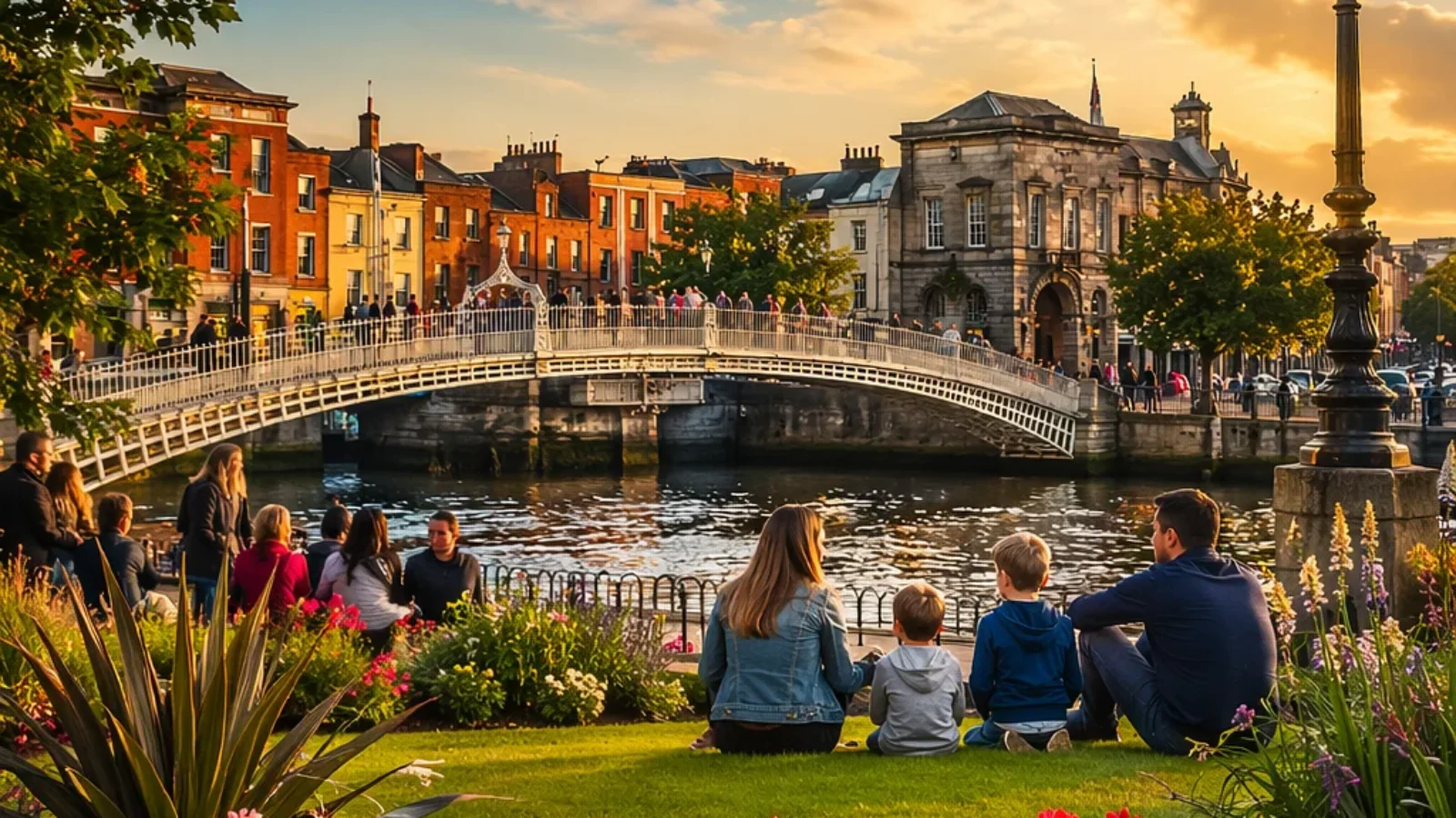 Editorial poster cover for Best Family-Friendly Activities in Dublin (2026), showing families beside the River Liffey and Ha'penny Bridge at golden hour