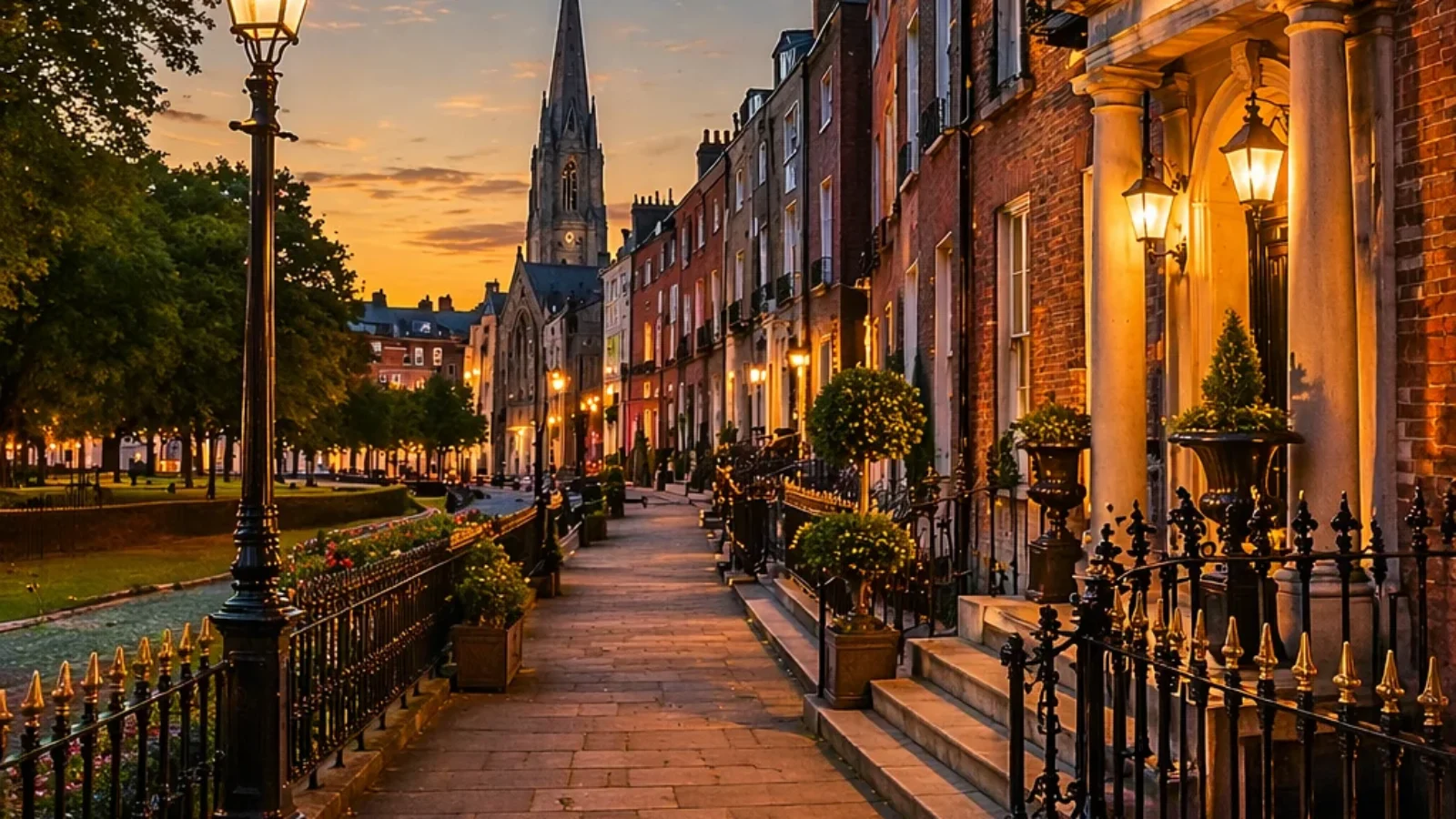Premium editorial cover for Top-Rated Boutique Hotels in Dublin City Centre (2026), showing an elegant Georgian Dublin streetscape at dusk near St Stephen’s Green.