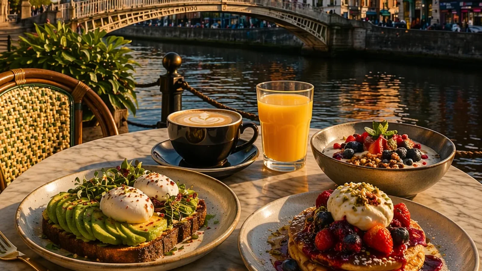 Best brunch spots in Dublin city centre travel-poster cover showing a riverside brunch table by the River Liffey in Dublin