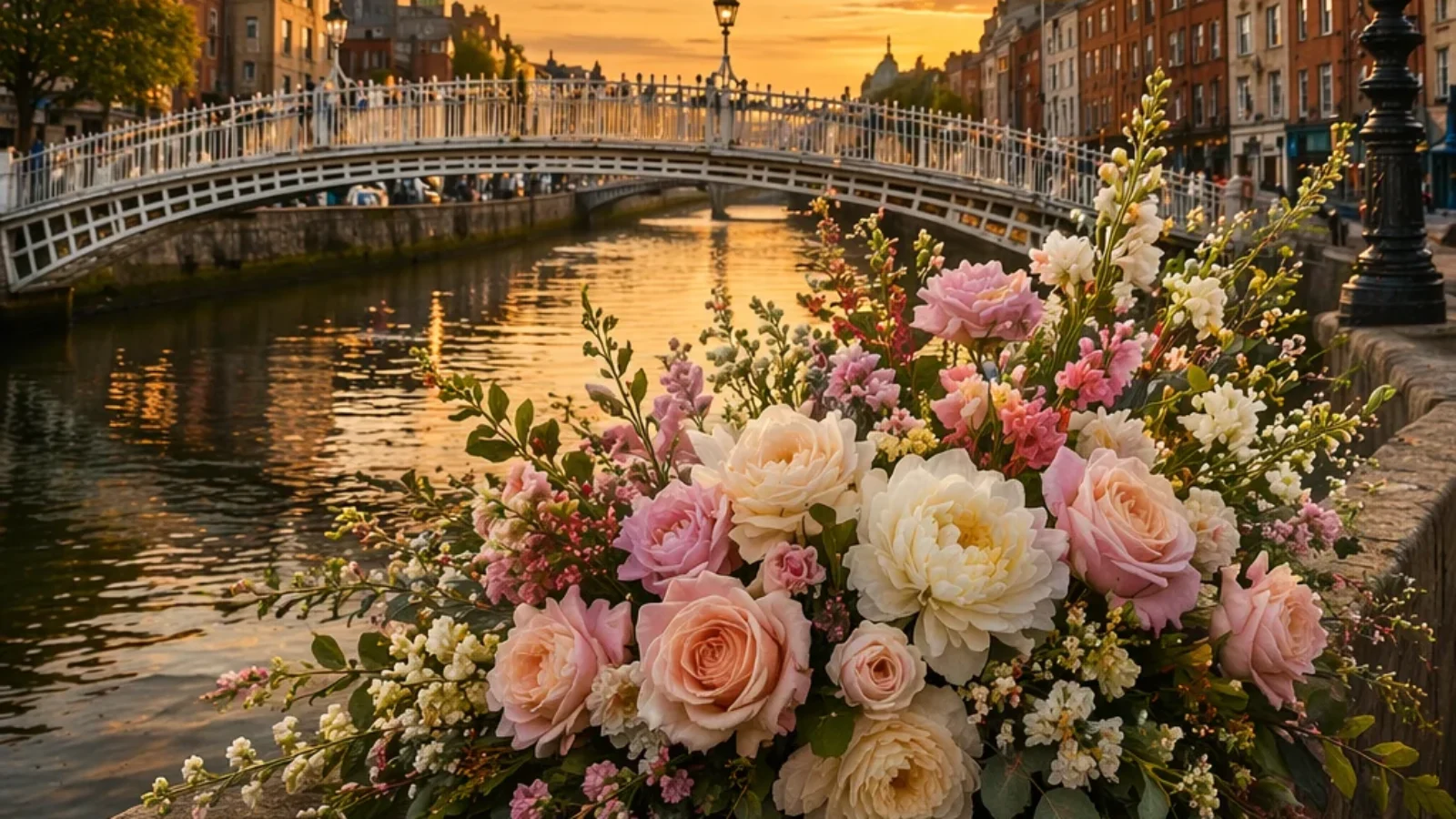 Premium editorial poster cover for Best Dublin Florists for Same-Day Flower Delivery (2026), showing a Dublin riverside bridge scene with elegant flowers at golden hour
