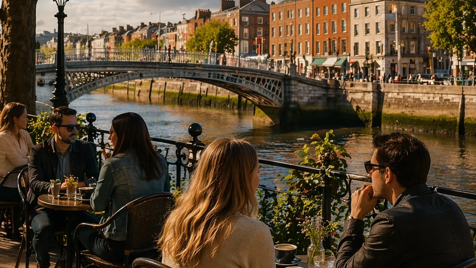 Premium editorial poster showing outdoor coffee seating in Dublin, Ireland, beside the River Liffey.