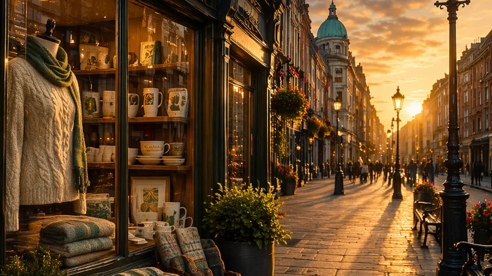 Premium editorial travel-poster cover for Best Places to Buy Irish-Made Souvenirs in Dublin City Centre (2026), showing a photorealistic Dublin city-centre shopping street at golden hour.