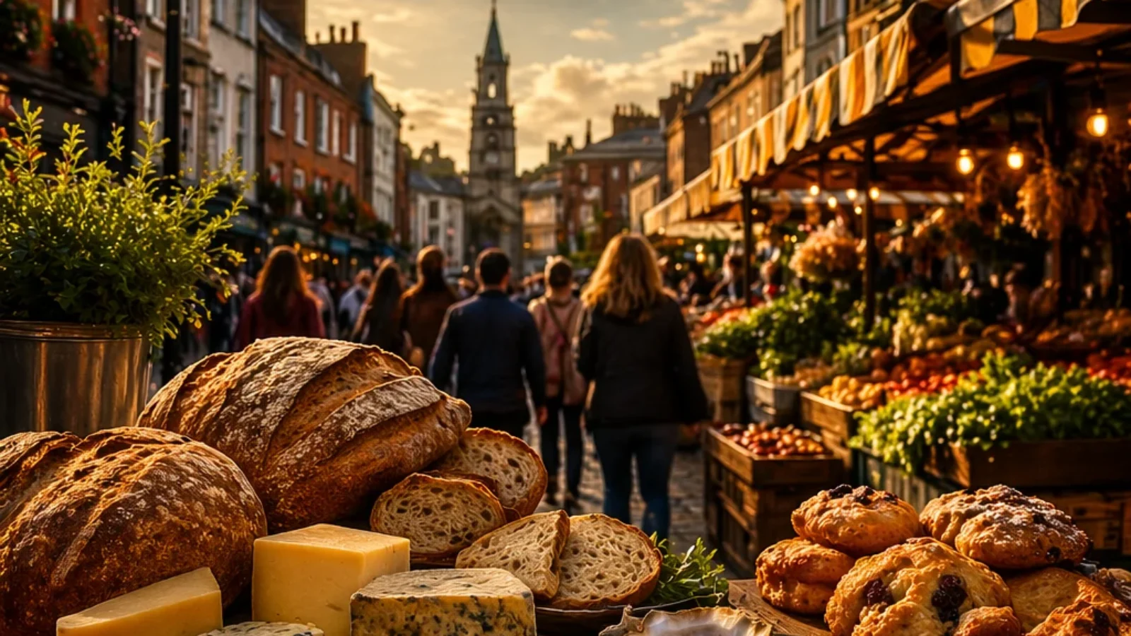 Premium editorial poster cover for Best Guided Food Tours in Dublin (2026), showing a Dublin market street with Irish food in the foreground