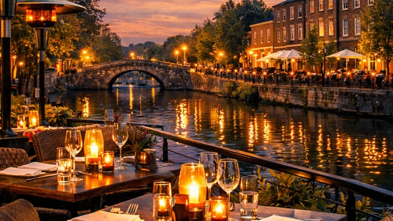 Premium editorial poster cover for Top-Rated Restaurants in Dublin with Outdoor Seating (2026), showing an elegant canal-side outdoor restaurant terrace in Dublin at golden hour.