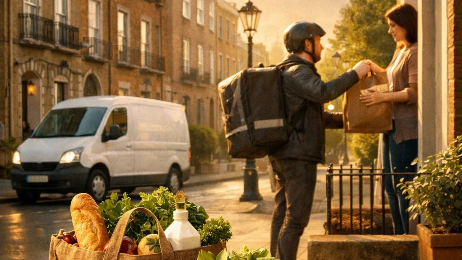 Premium editorial poster for Top-Rated Online Grocery Delivery Services in Ireland (2026), showing an upscale Irish grocery delivery scene with fresh food and doorstep delivery cues.