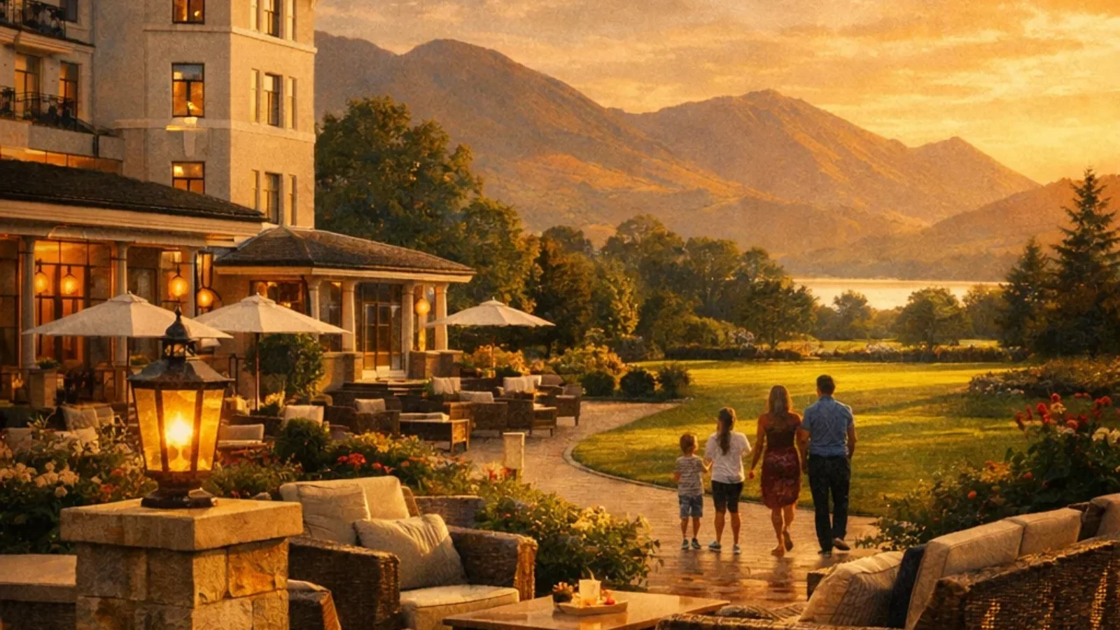 Premium editorial poster cover for Top-Rated Family Hotels Near Killarney, showing a luxurious family-friendly hotel scene in Killarney, Ireland.