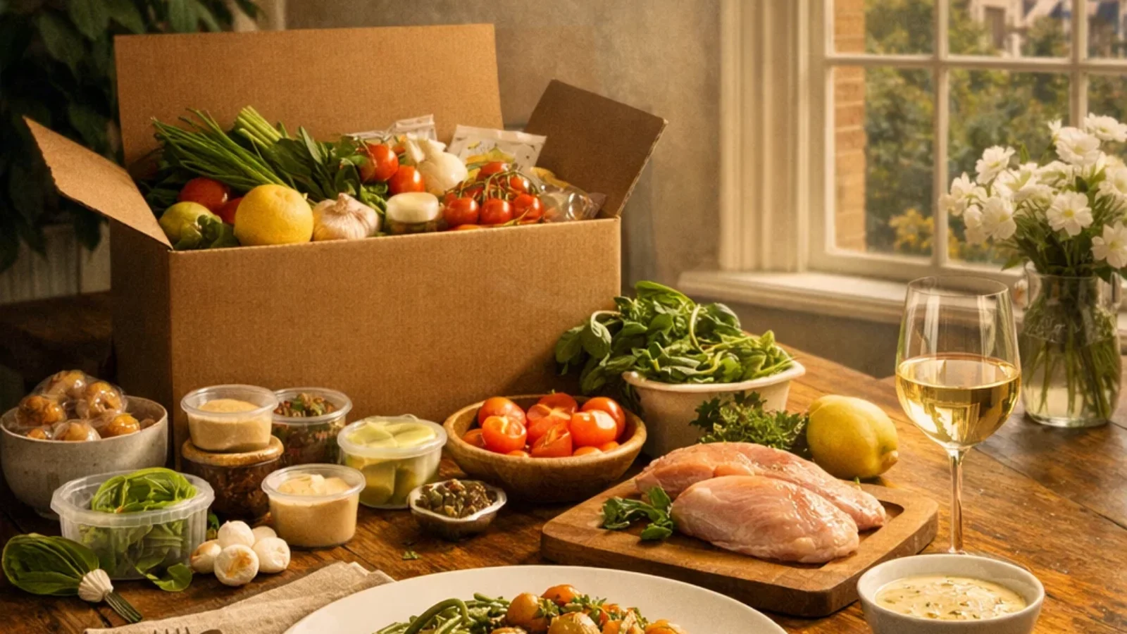 Premium editorial poster for meal kit delivery services in Ireland featuring an upscale Irish home kitchen meal kit scene