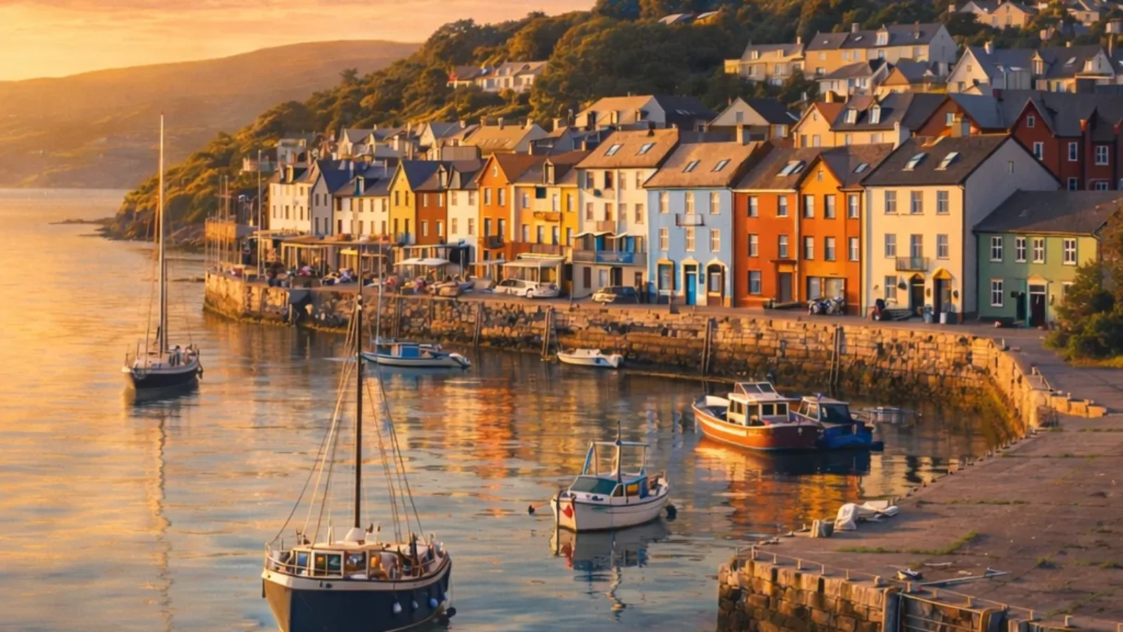 Premium editorial travel poster for Ireland weekend getaways showing a colourful harbour town at golden hour with boats, stone quay, and green hills.