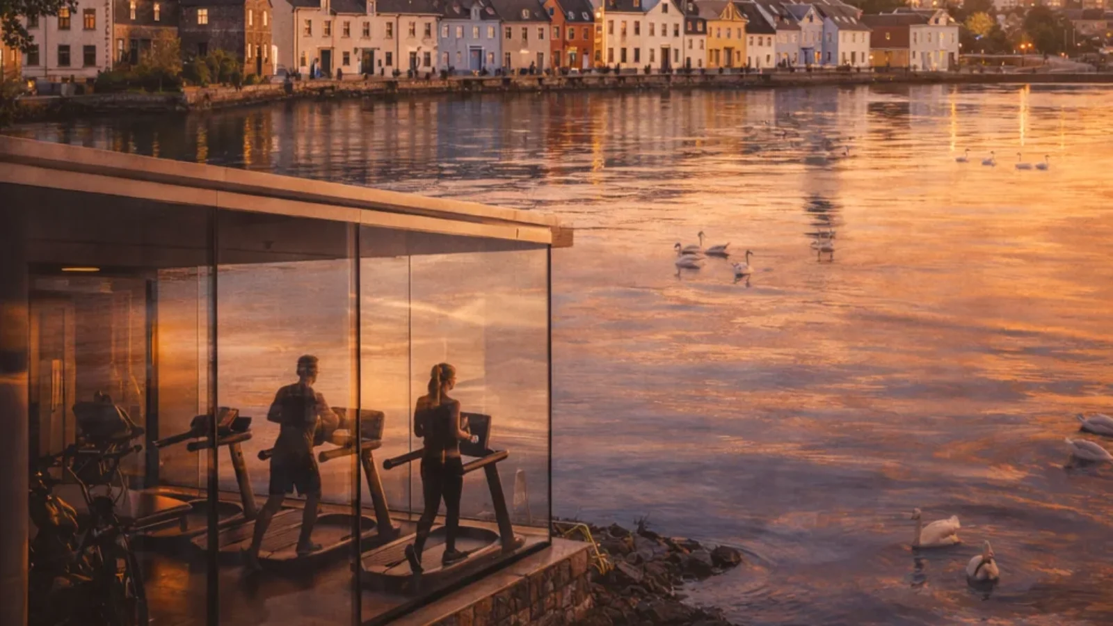 Premium editorial poster cover for Premier Gyms with Excellent Facilities in Galway (2026), showing Galway waterfront at golden hour with subtle luxury fitness cues