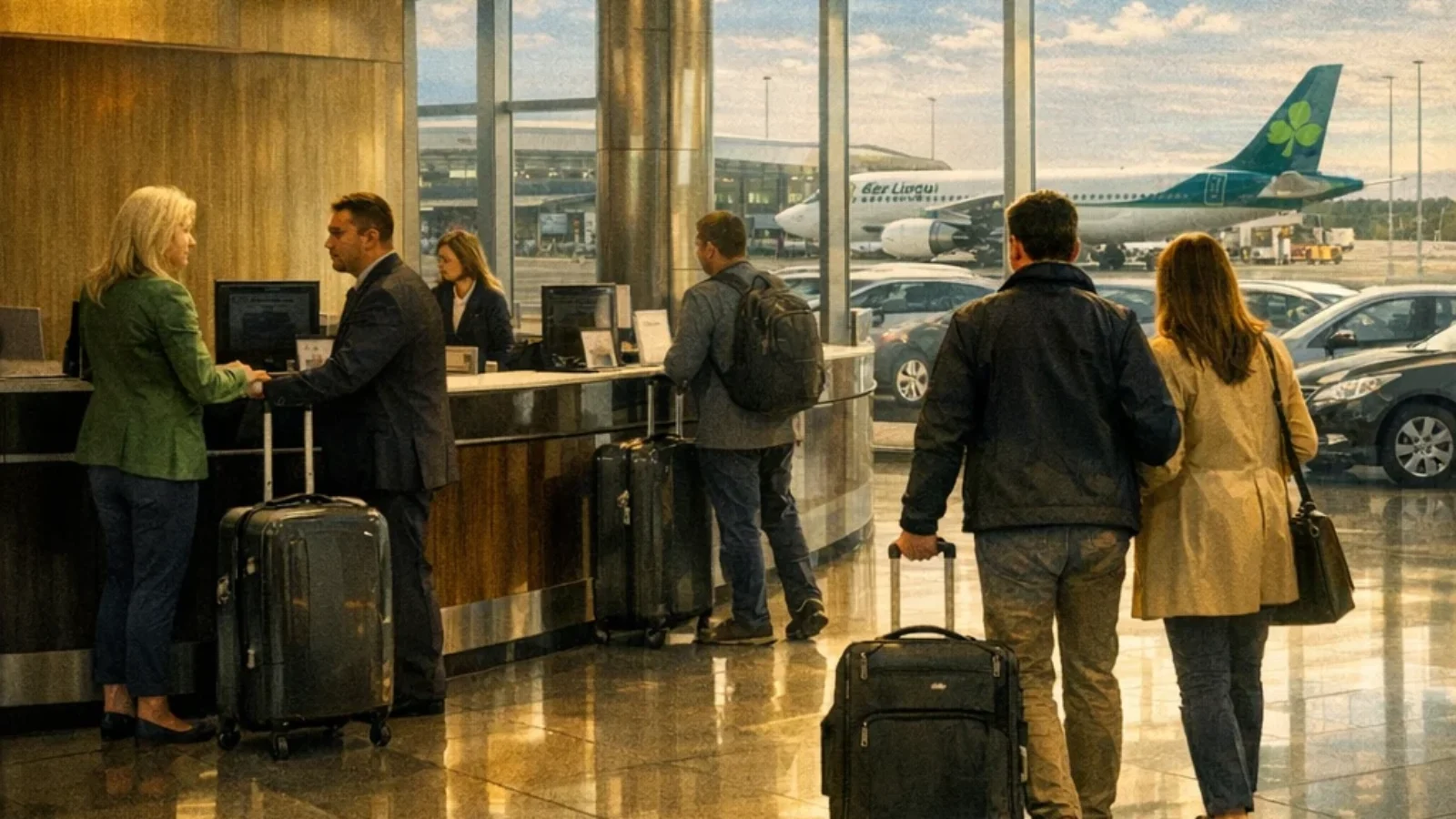 Premium editorial poster cover for Top-Rated Car Rental Services at Irish Airports 2026, showing an Irish airport car rental scene.