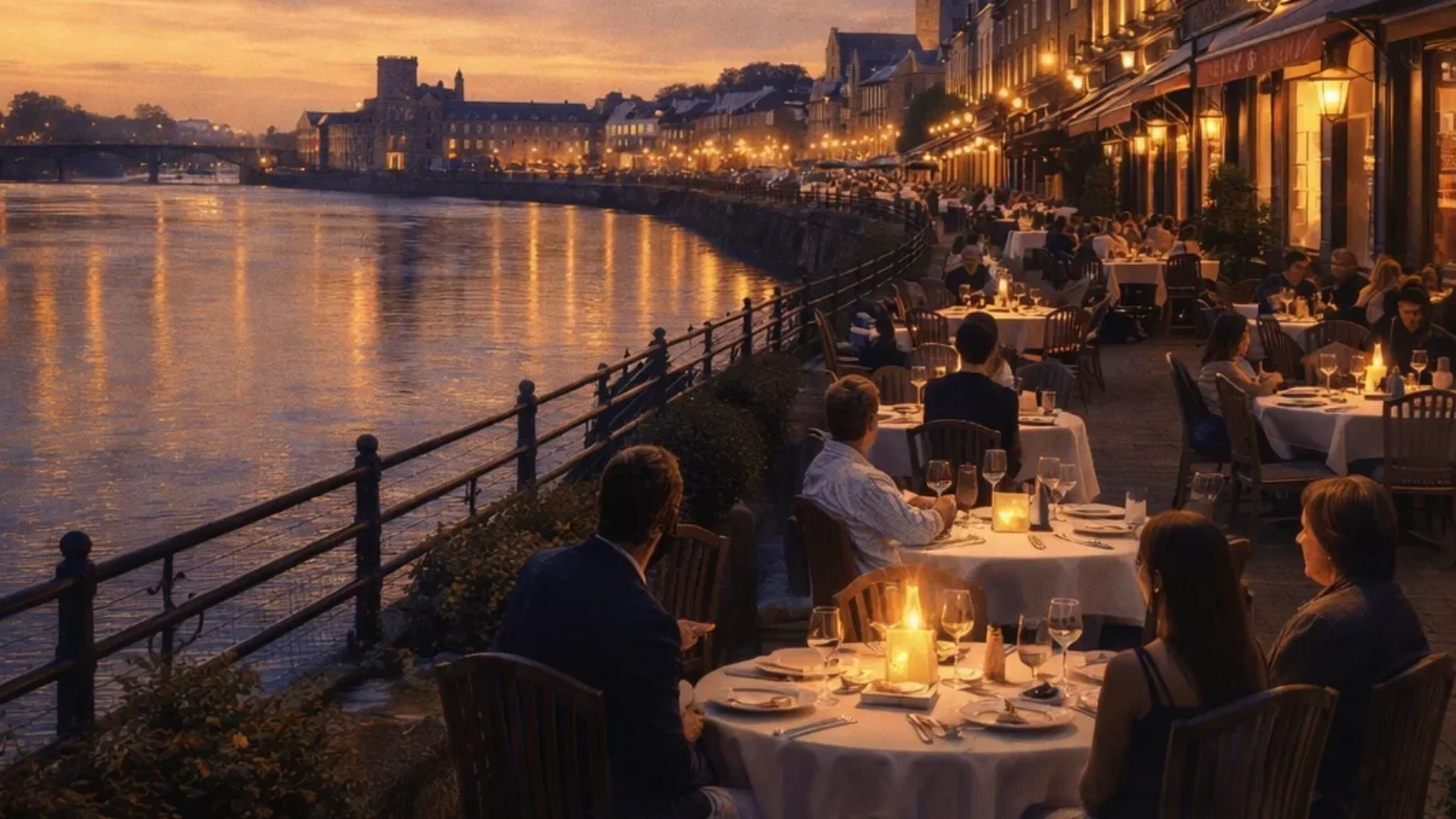 Premium editorial poster for Top-Rated Restaurants in Limerick 2026, showing an elegant Limerick dining scene by the River Shannon.
