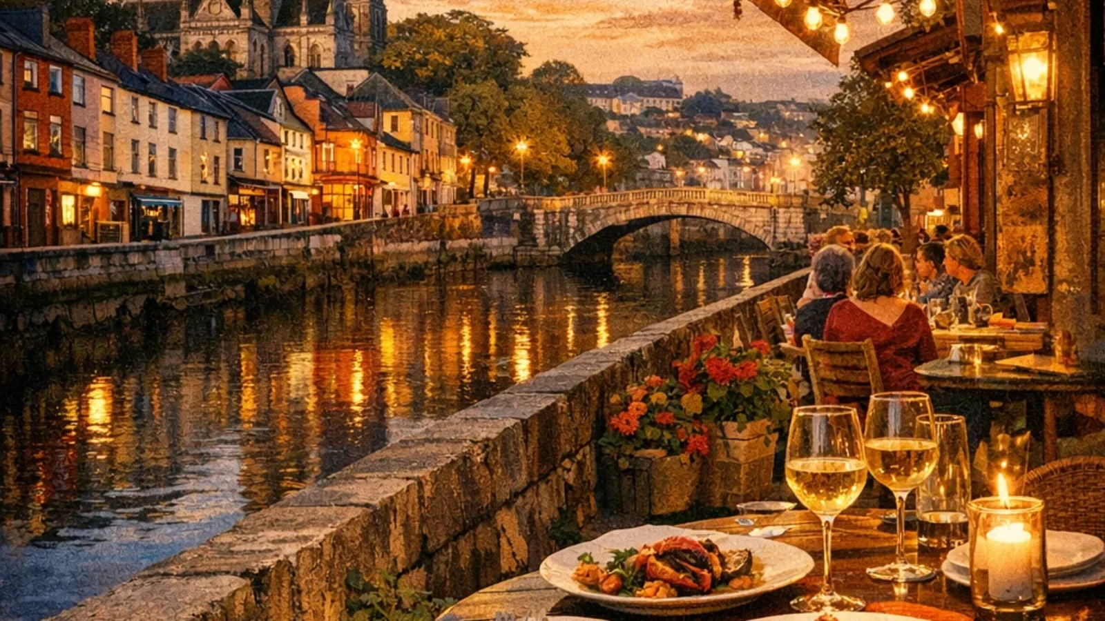 Editorial poster cover for Top-Rated Restaurants in Cork (2026), showing Cork riverside dining at sunset with the city skyline and premium restaurant setting.